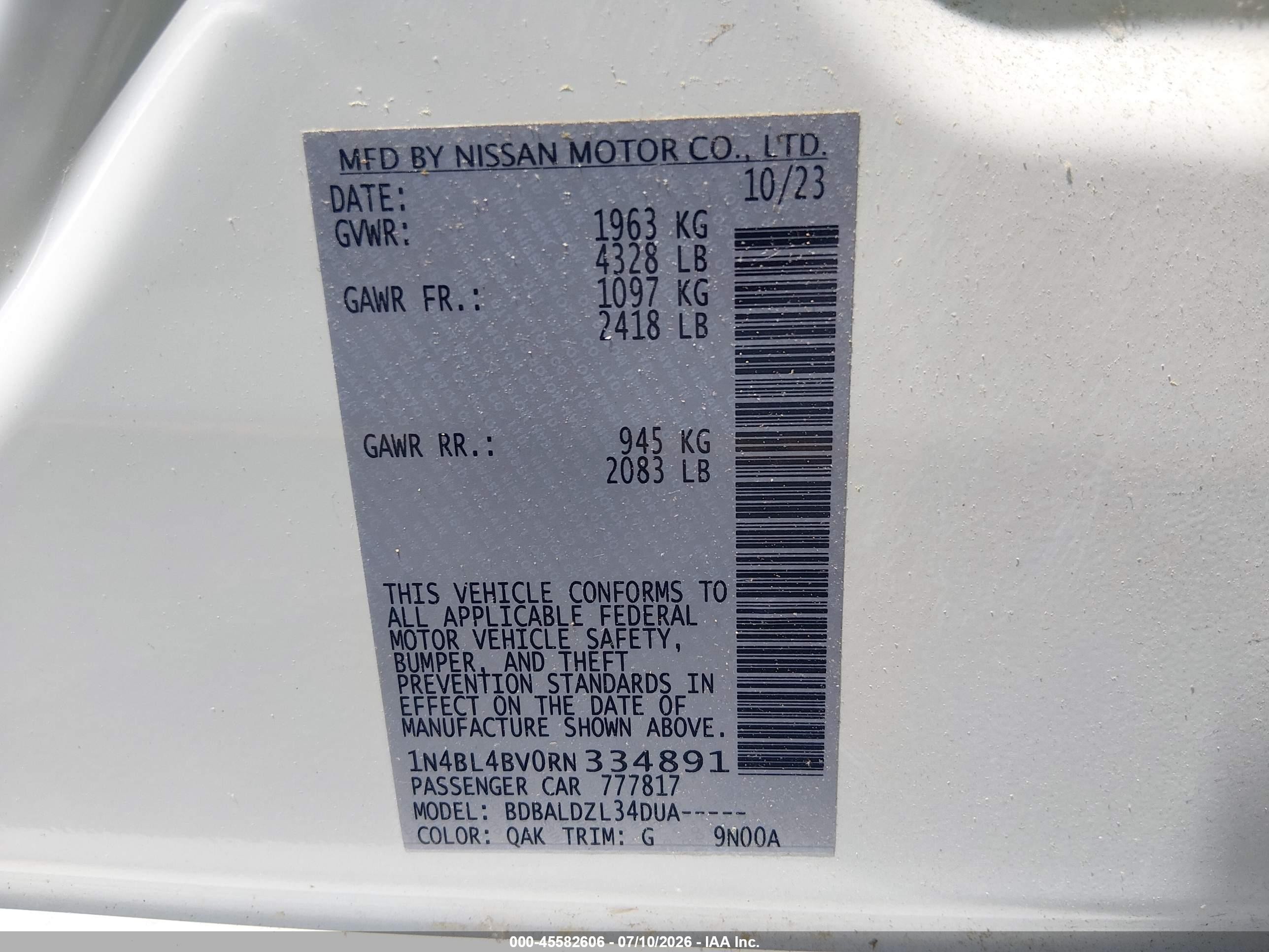 2024 Nissan Altima S Fwd Белый vin: 1N4BL4BV0RN334891