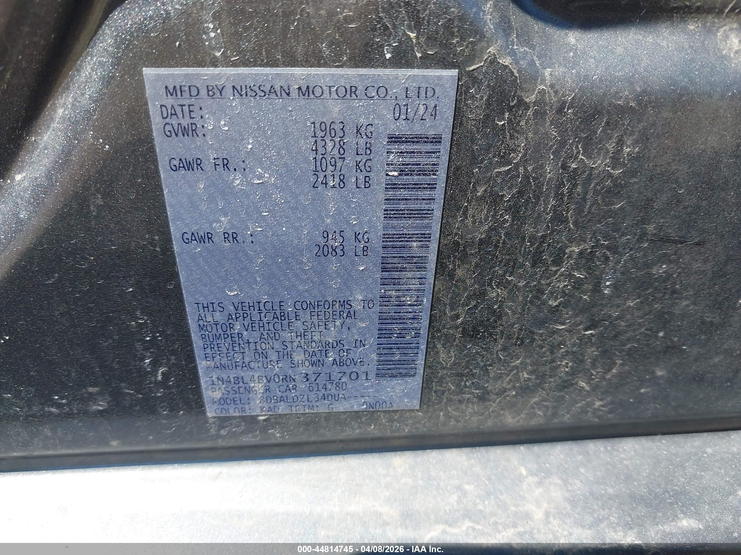 2024 Nissan Altima S Fwd Серый vin: 1N4BL4BV0RN371701