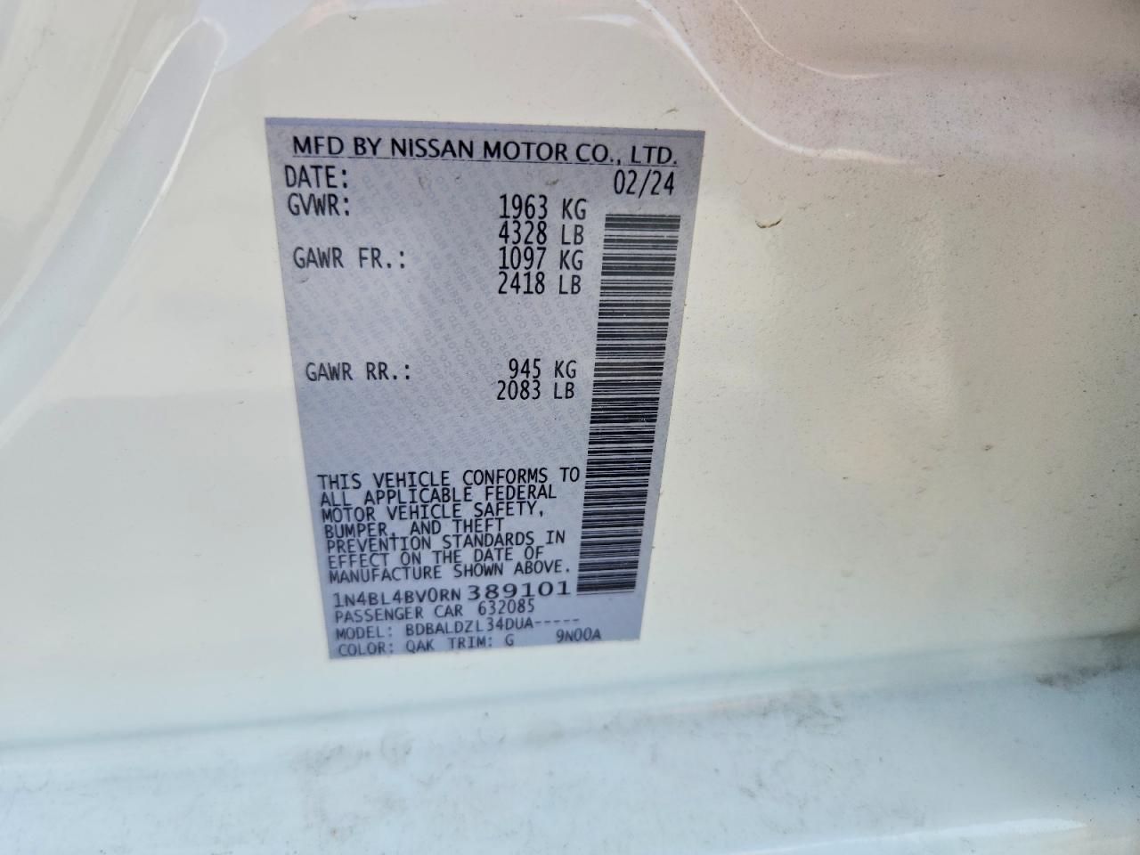 2024 Nissan Altima S White vin: 1N4BL4BV0RN389101