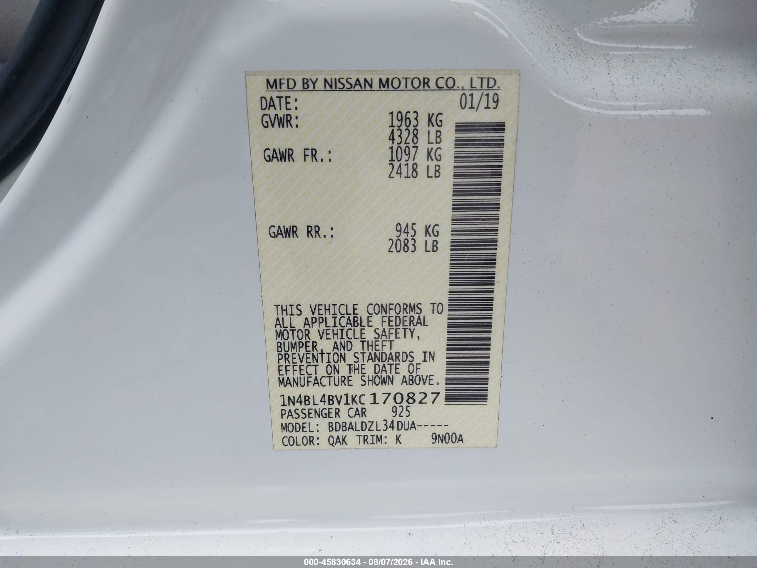 2019 Nissan Altima 2.5 S White vin: 1N4BL4BV1KC170827