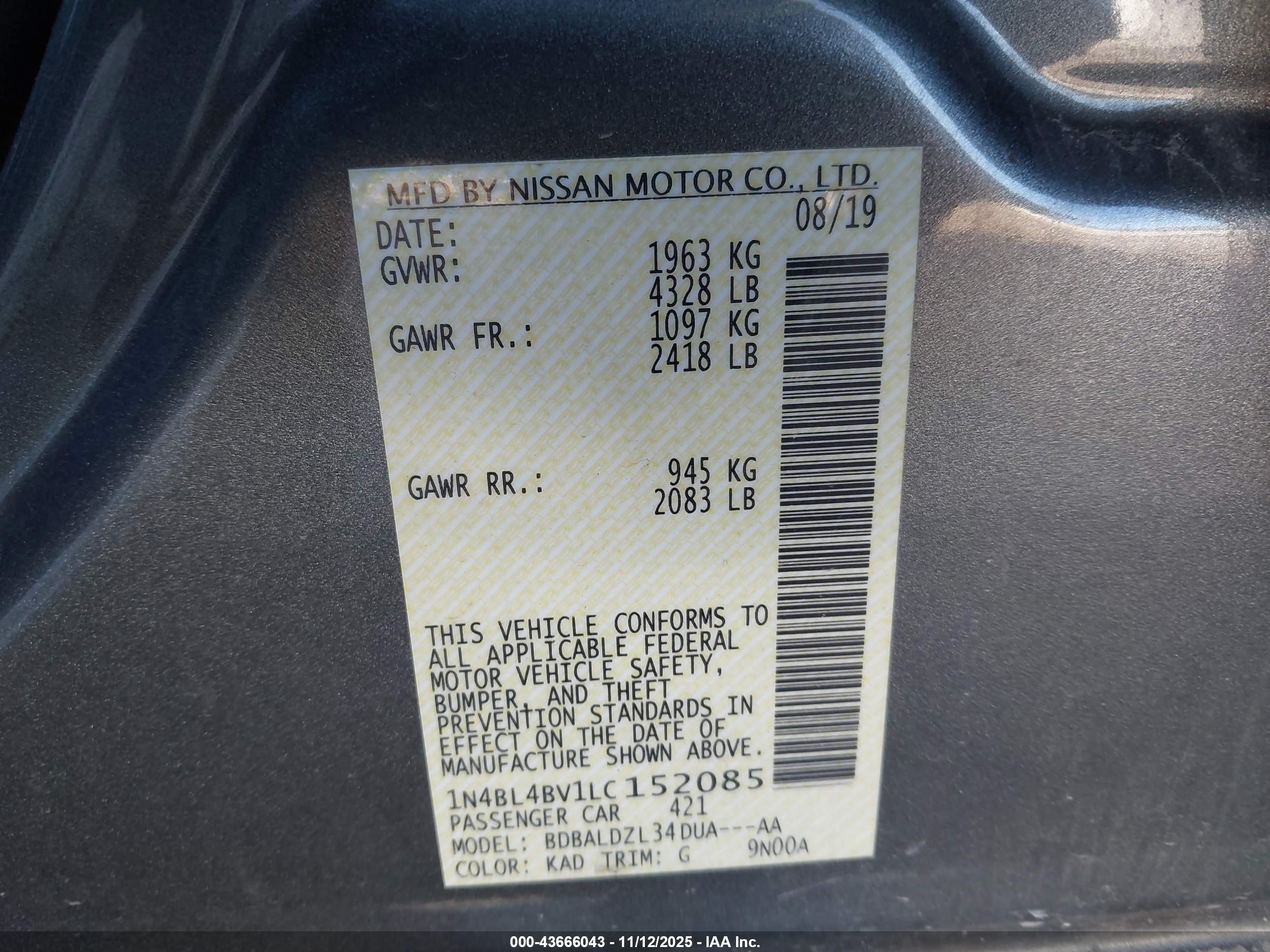 2020 Nissan Altima S Fwd Серый vin: 1N4BL4BV1LC152085