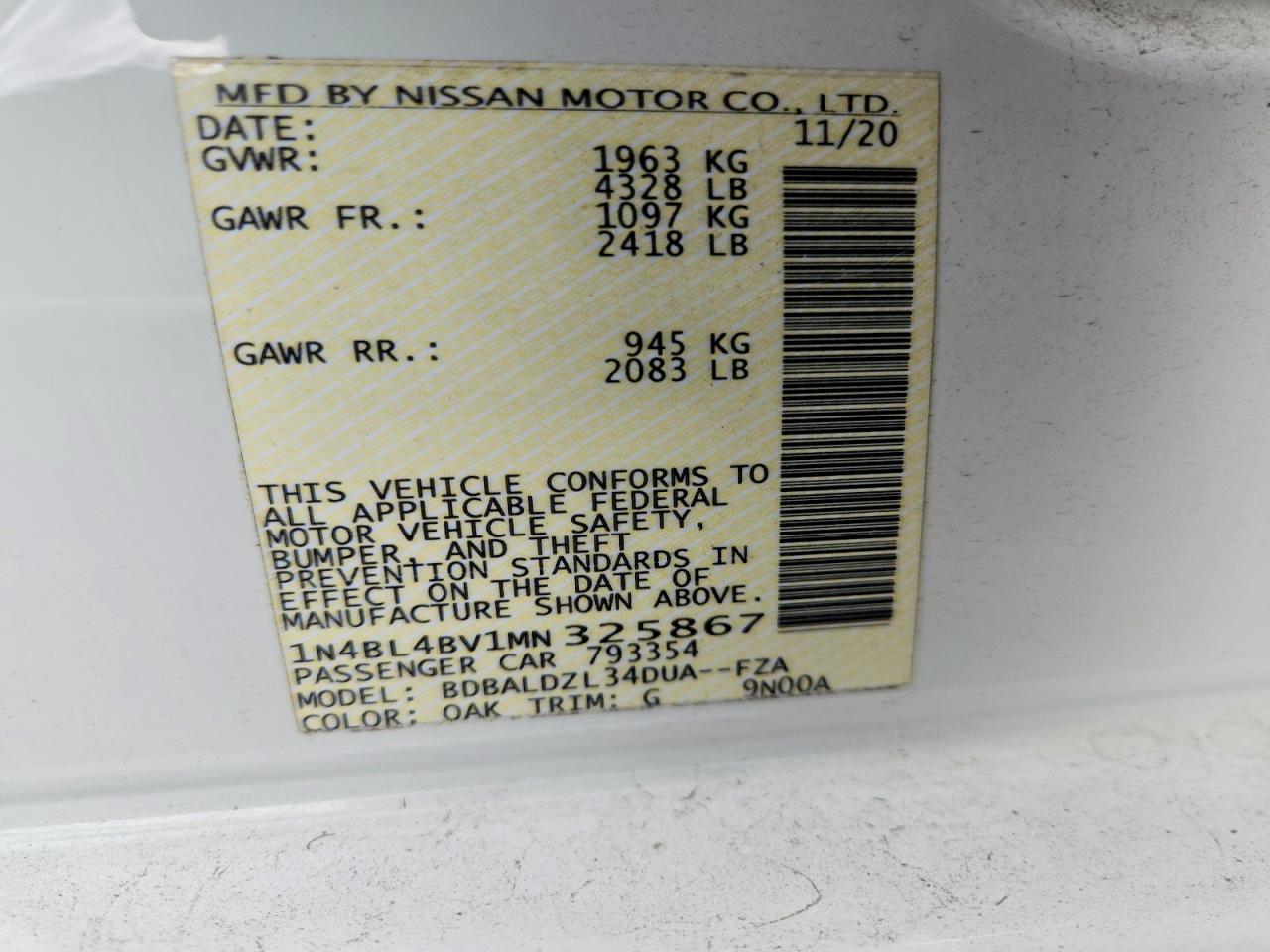 2021 Nissan Altima S White vin: 1N4BL4BV1MN325867
