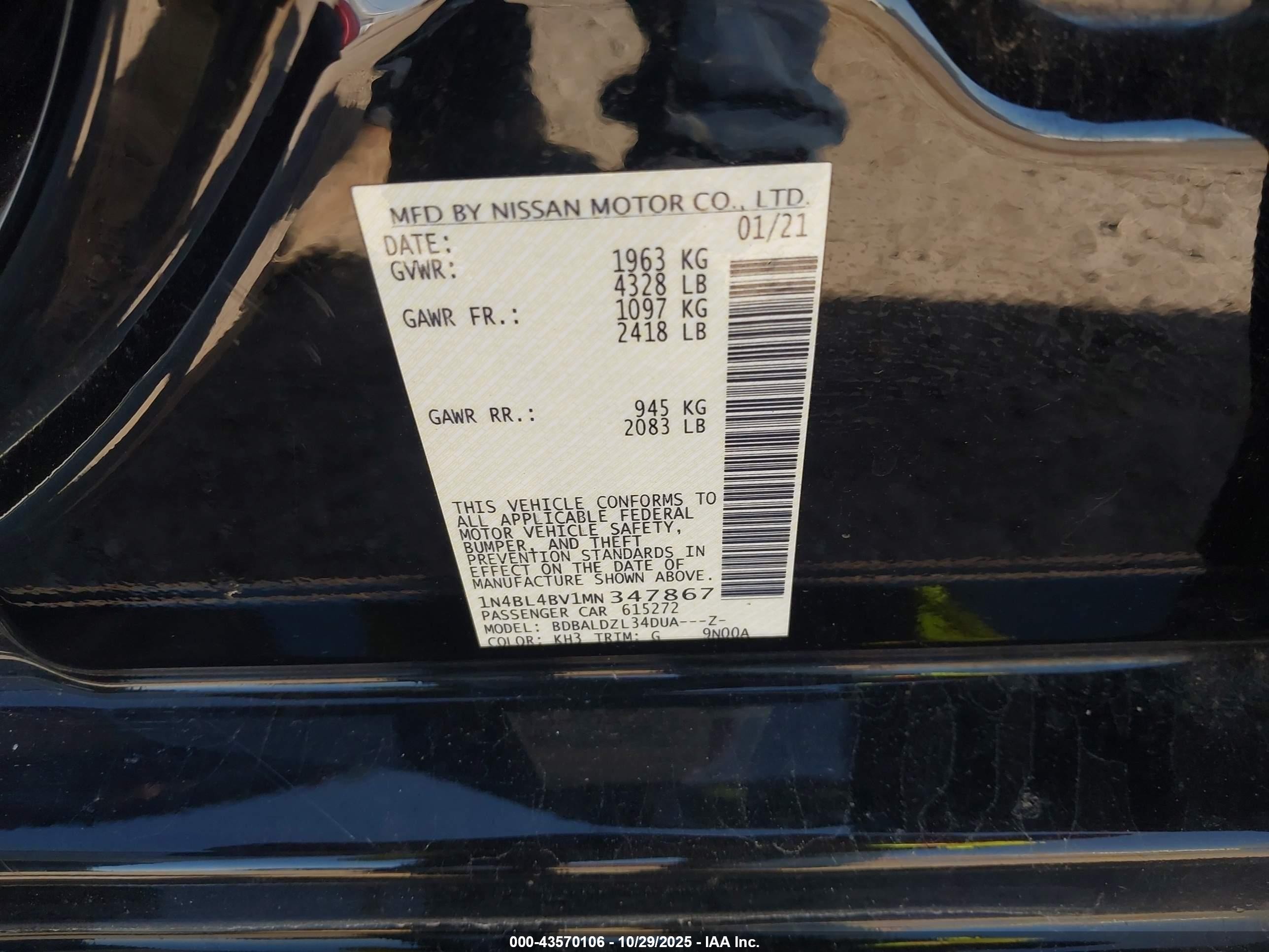 2021 Nissan Altima S Fwd Black vin: 1N4BL4BV1MN347867