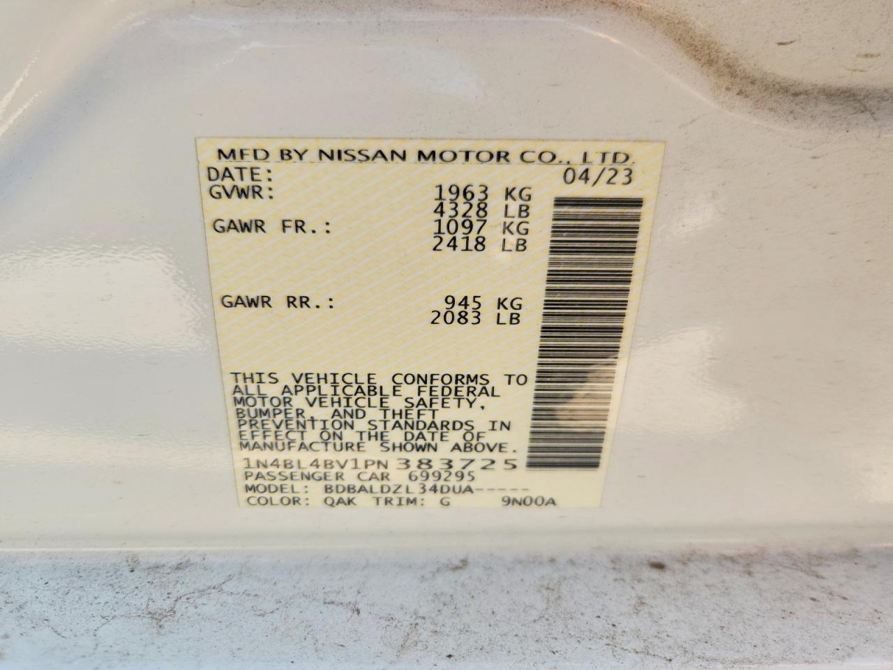 2023 Nissan Altima S White vin: 1N4BL4BV1PN383725