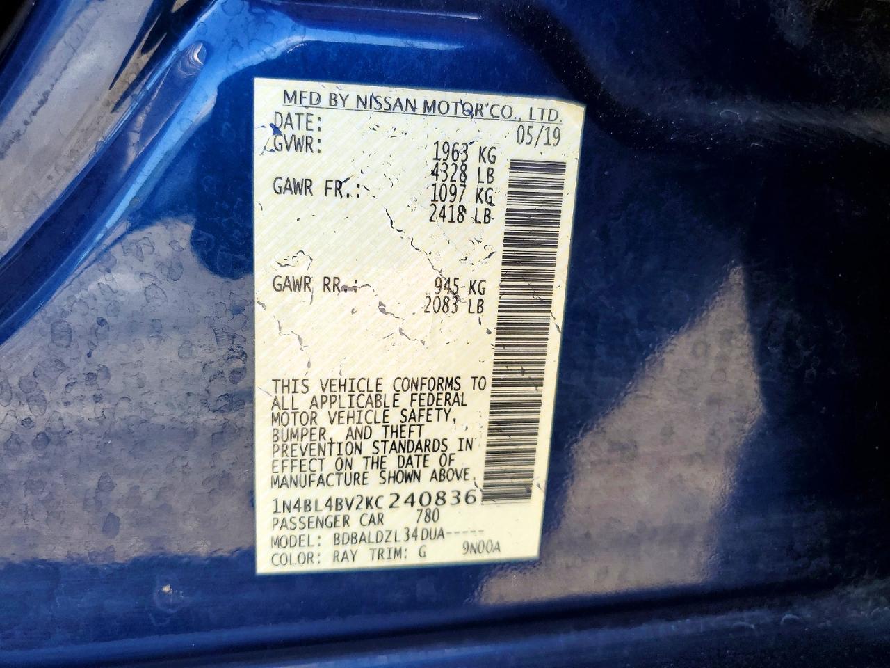 2019 Nissan Altima S Blue vin: 1N4BL4BV2KC240836