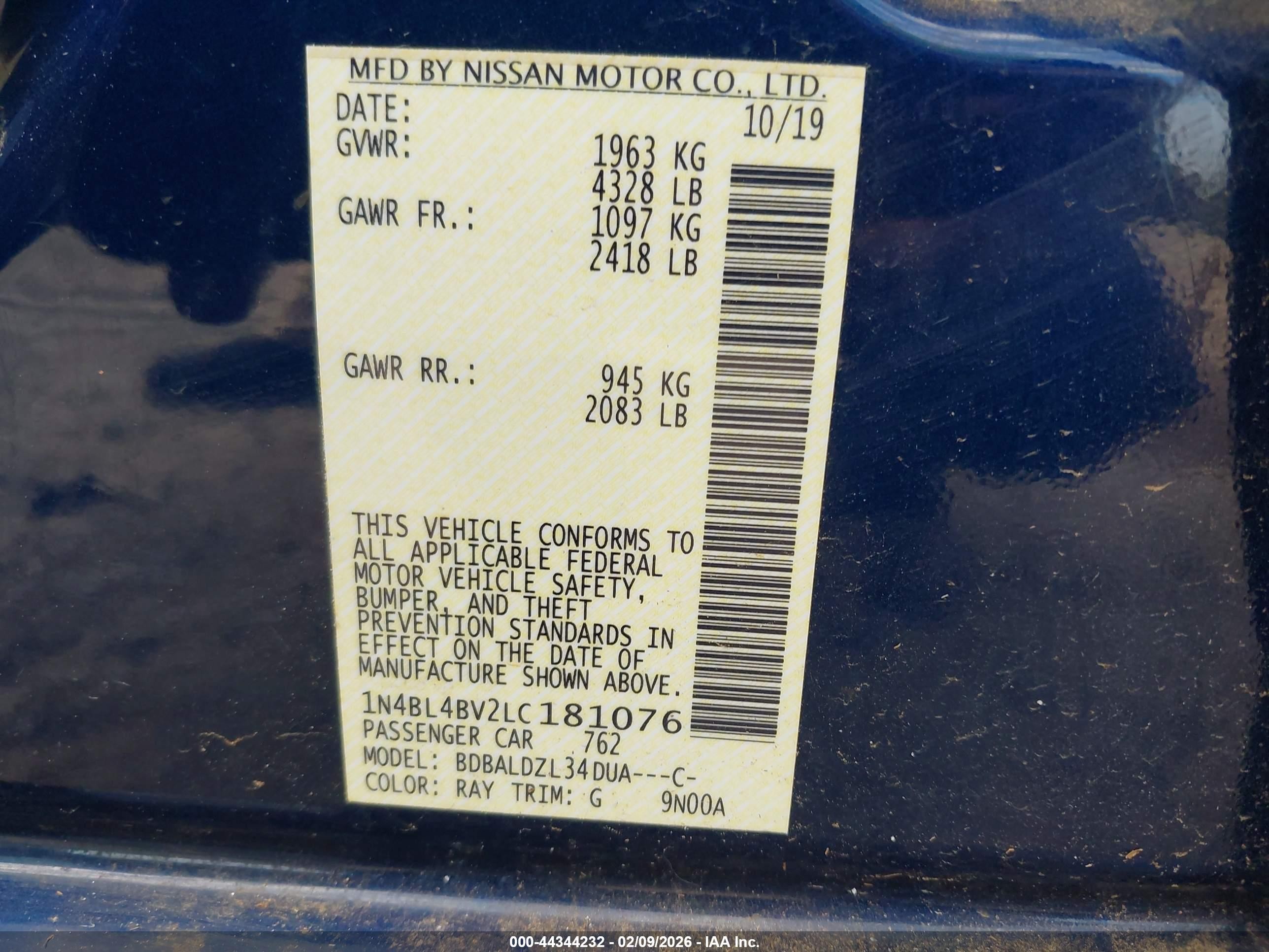 2020 Nissan Altima S Fwd Blue vin: 1N4BL4BV2LC181076
