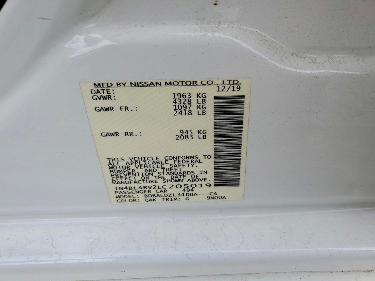 2020 Nissan Altima S White vin: 1N4BL4BV2LC205019