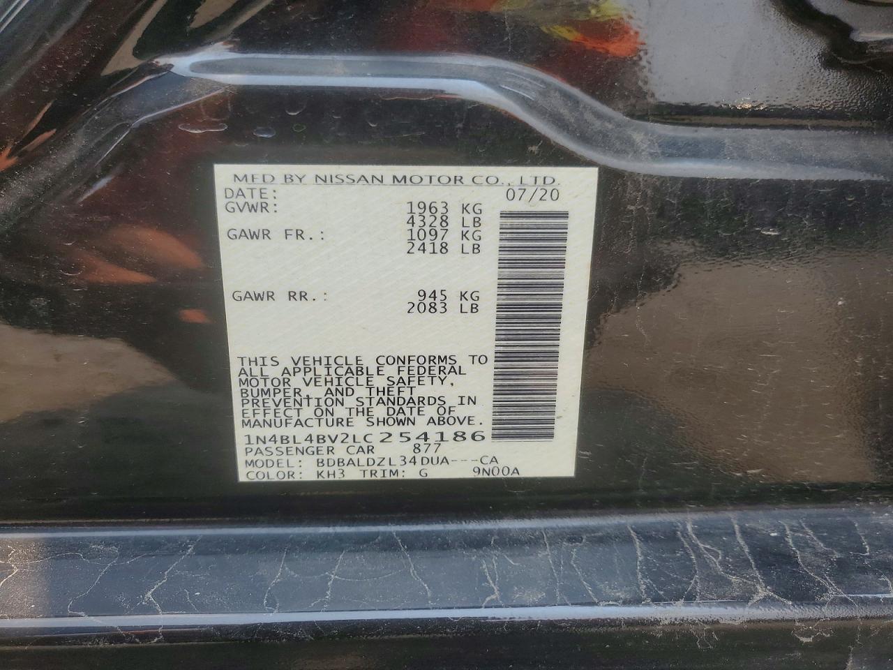 2020 Nissan Altima S Черный vin: 1N4BL4BV2LC254186