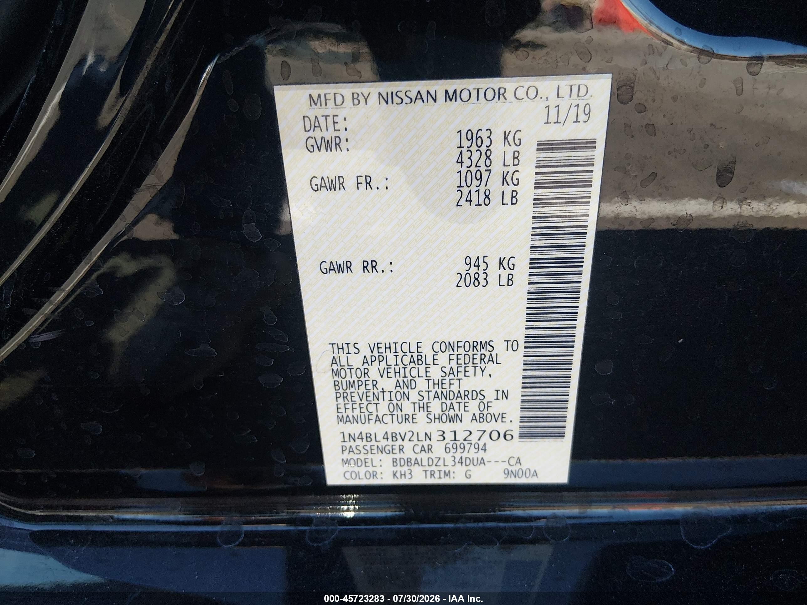 2020 Nissan Altima S Fwd Black vin: 1N4BL4BV2LN312706