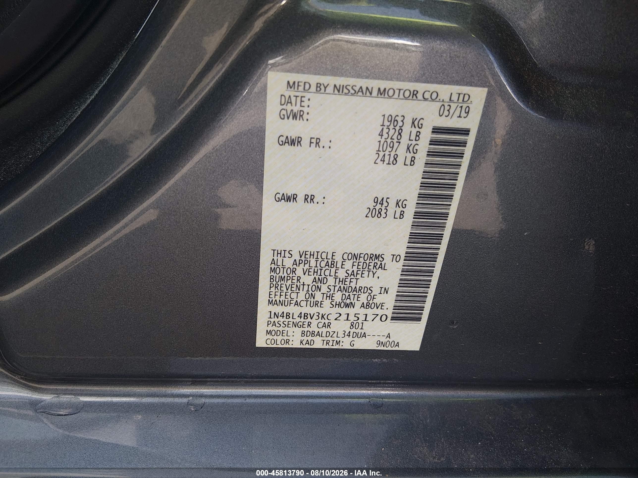 2019 Nissan Altima 2.5 S Gray vin: 1N4BL4BV3KC215170