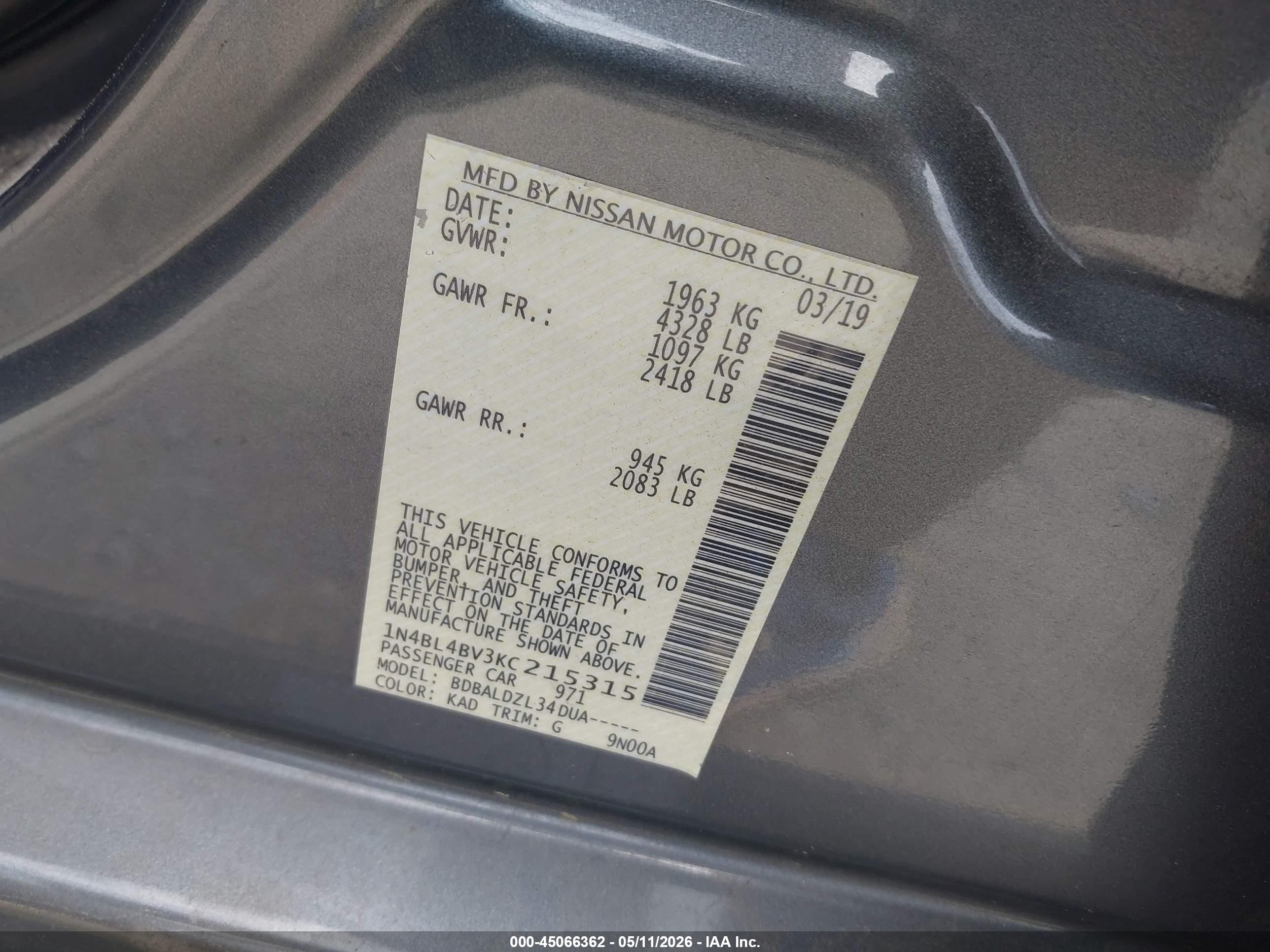 2019 Nissan Altima 2.5 S Gray vin: 1N4BL4BV3KC215315
