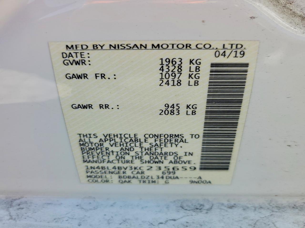 2019 Nissan Altima S White vin: 1N4BL4BV3KC235659