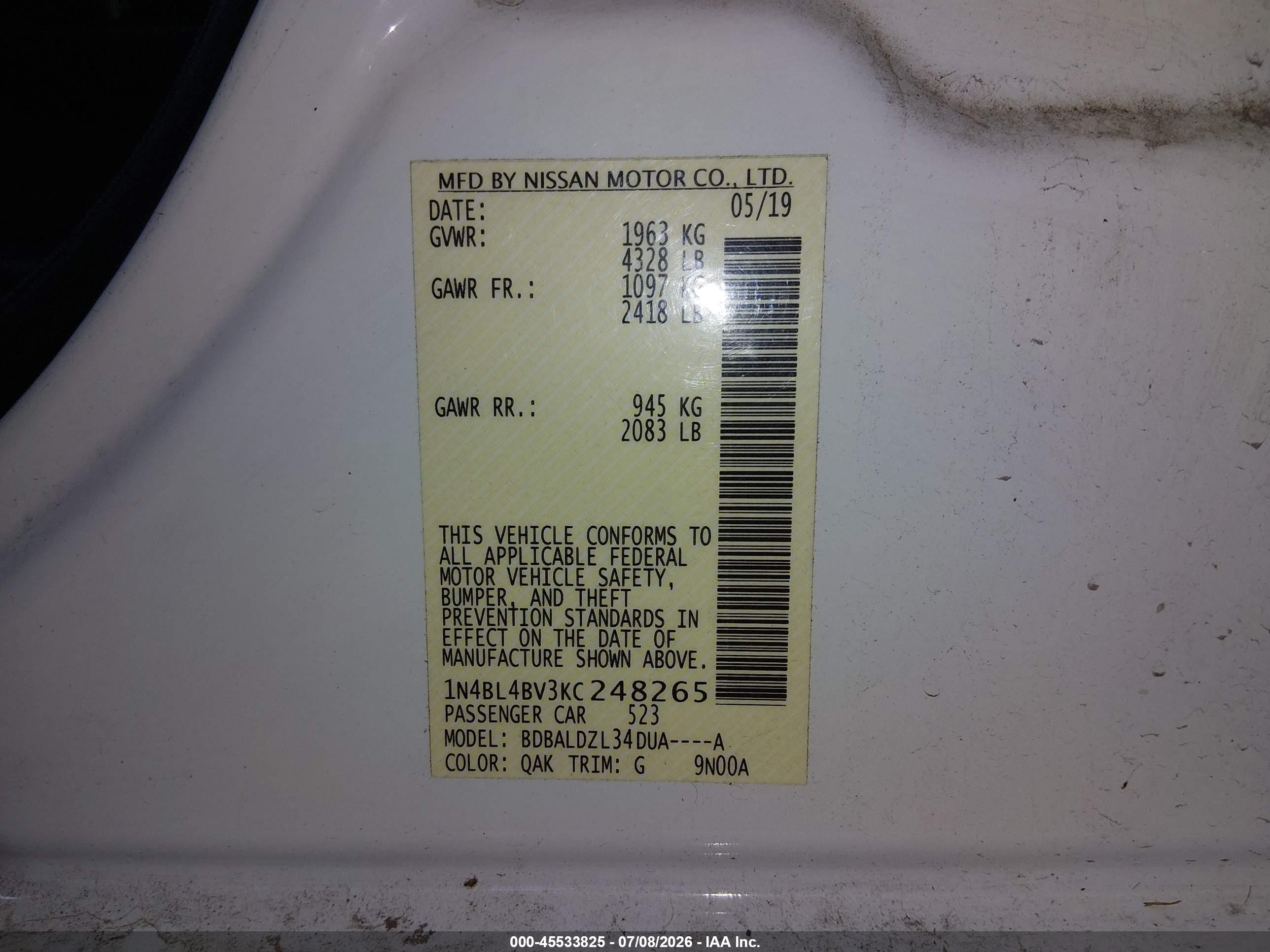2019 Nissan Altima 2.5 S White vin: 1N4BL4BV3KC248265