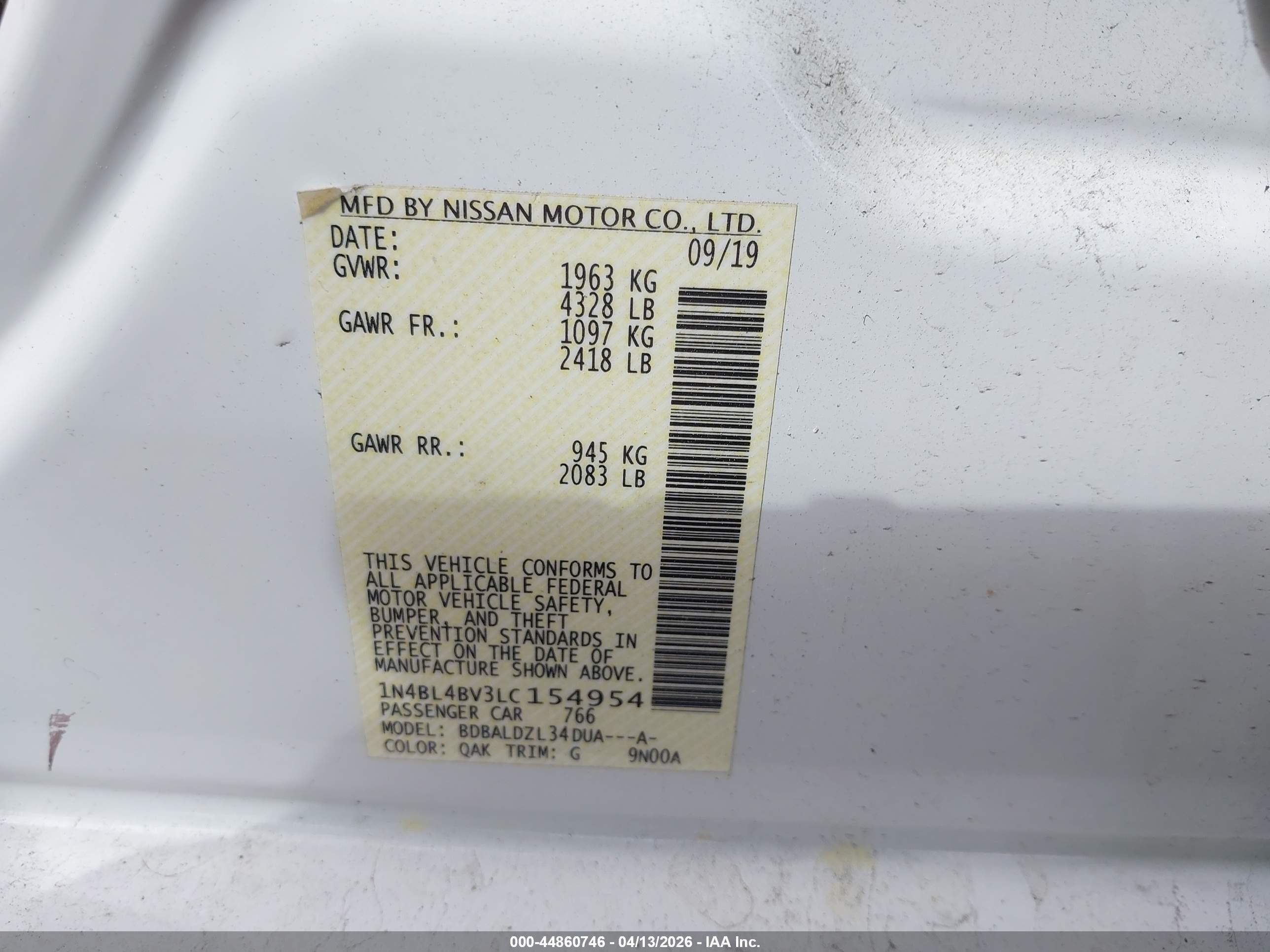 2020 Nissan Altima S Fwd Белый vin: 1N4BL4BV3LC154954