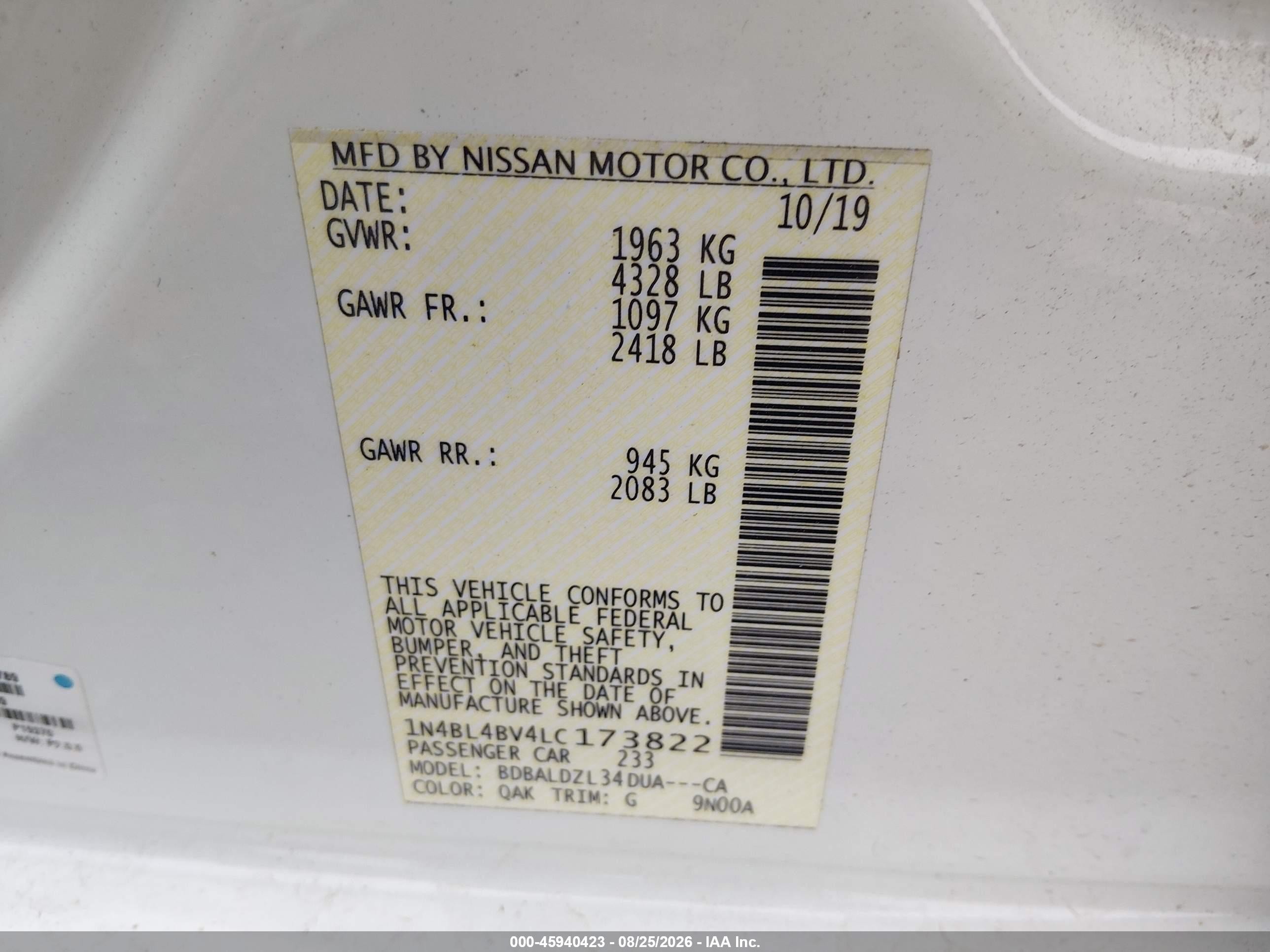 2020 Nissan Altima S Fwd White vin: 1N4BL4BV4LC173822
