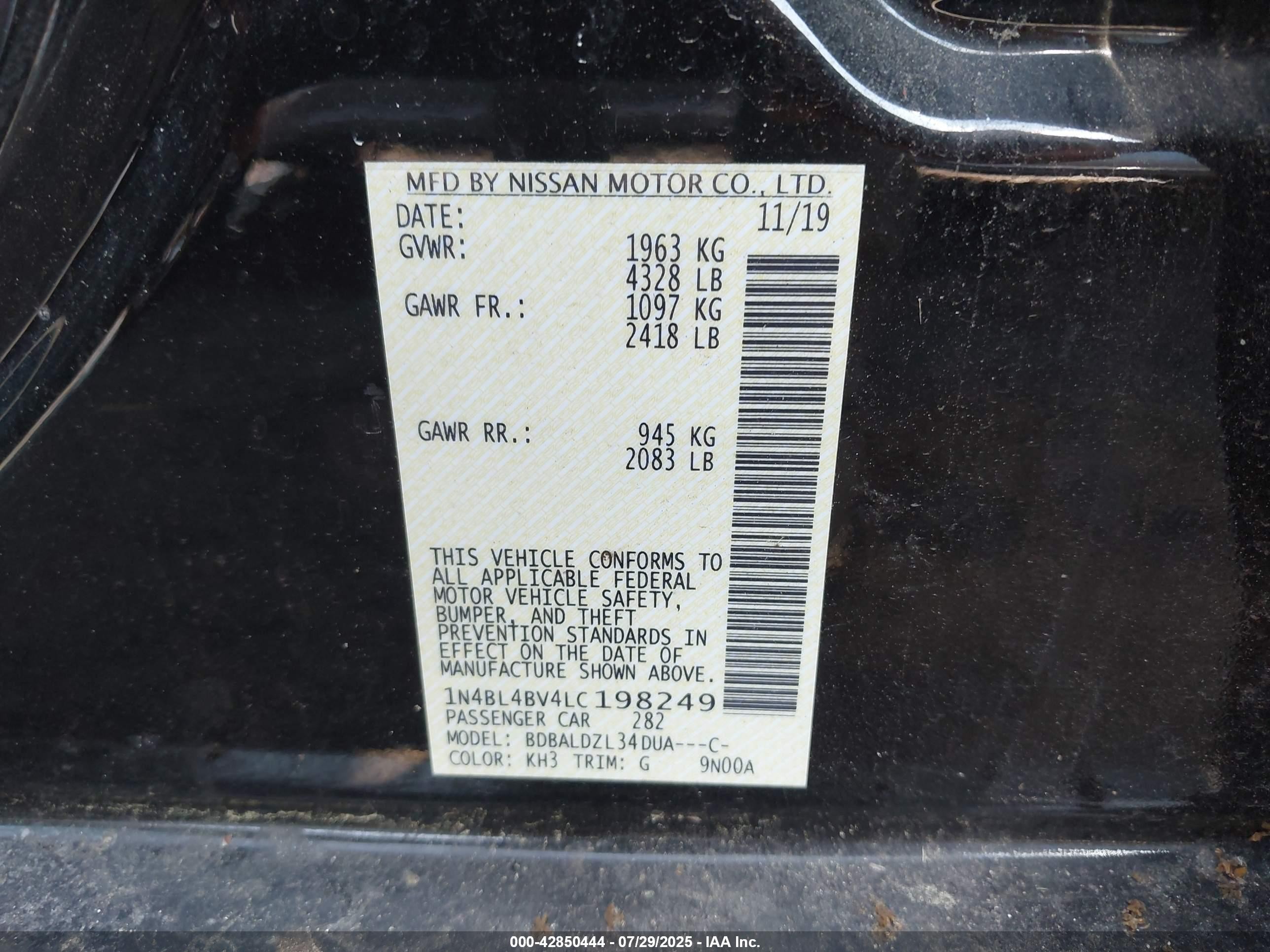 2020 Nissan Altima S Fwd Черный vin: 1N4BL4BV4LC198249