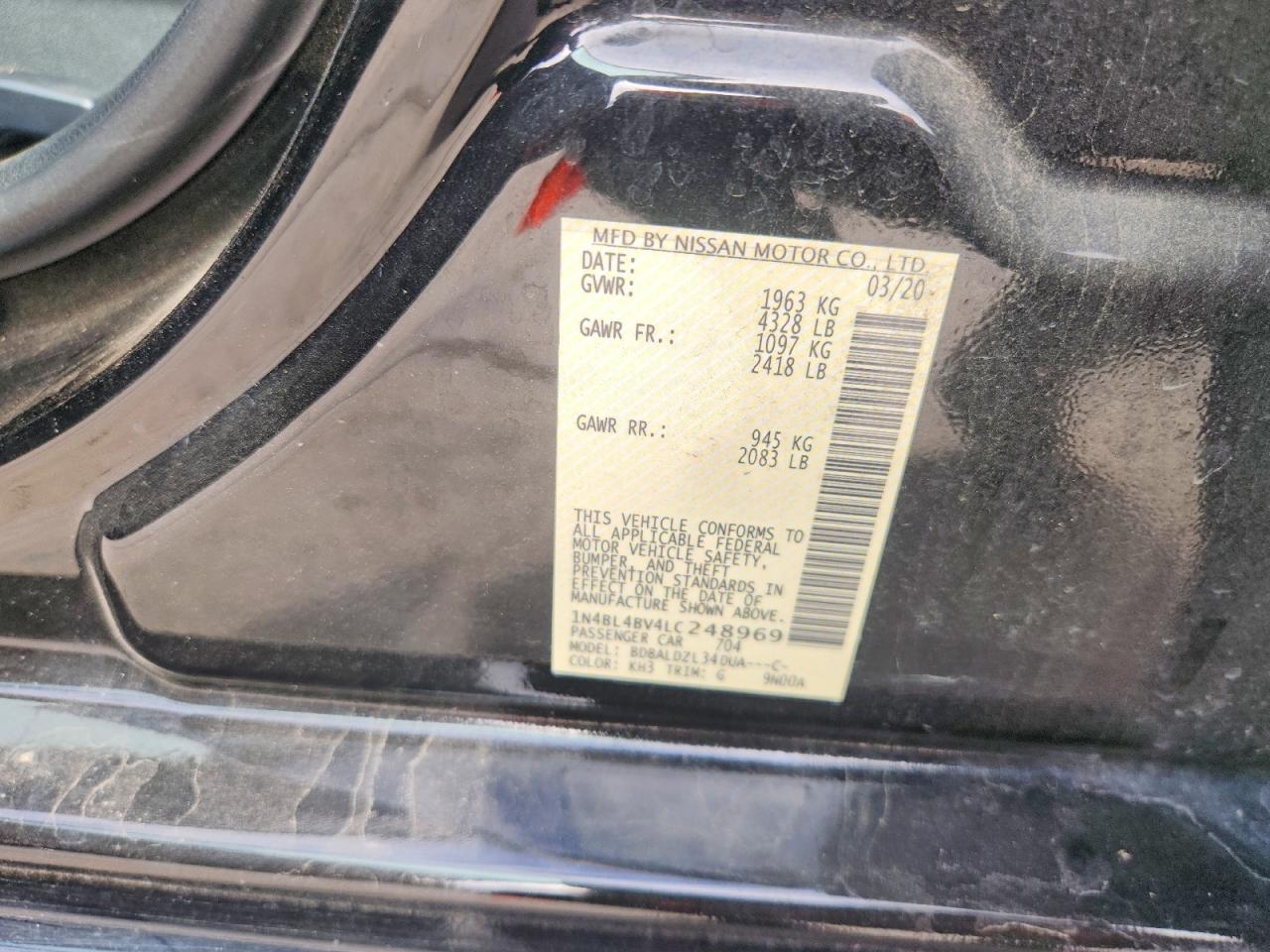 2020 Nissan Altima S Черный vin: 1N4BL4BV4LC248969