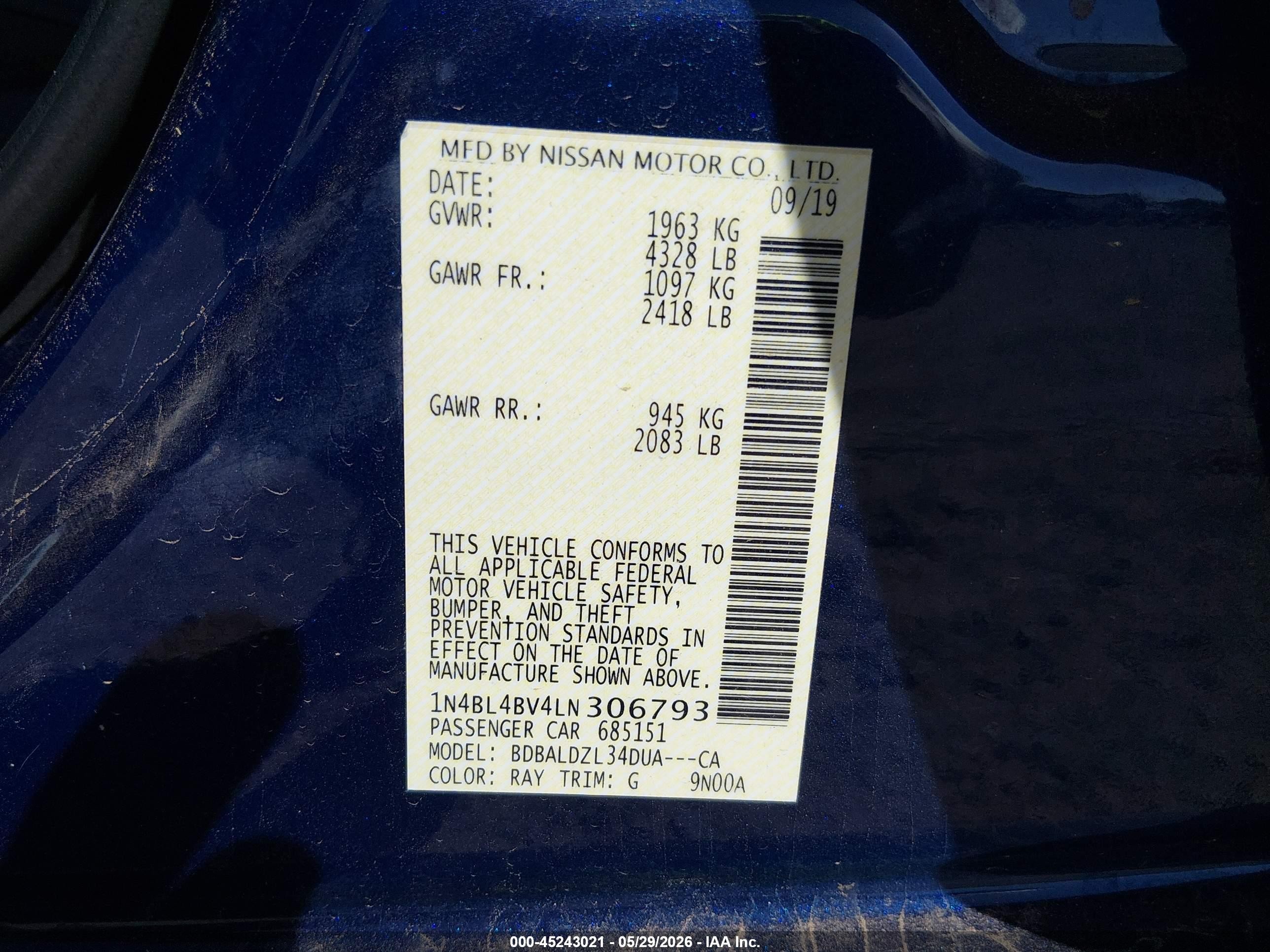 2020 Nissan Altima S Fwd Blue vin: 1N4BL4BV4LN306793