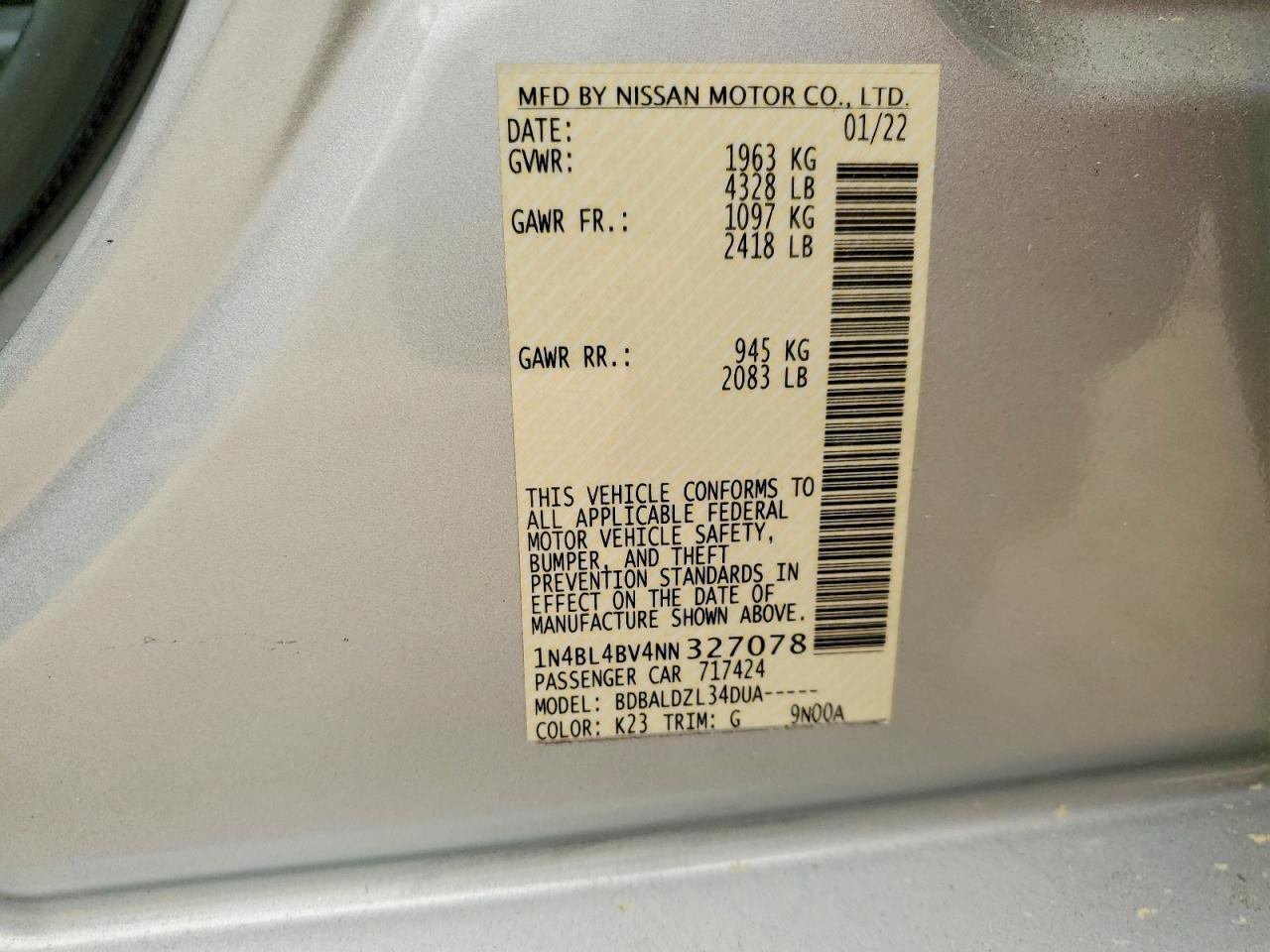 2022 Nissan Altima S Silver vin: 1N4BL4BV4NN327078