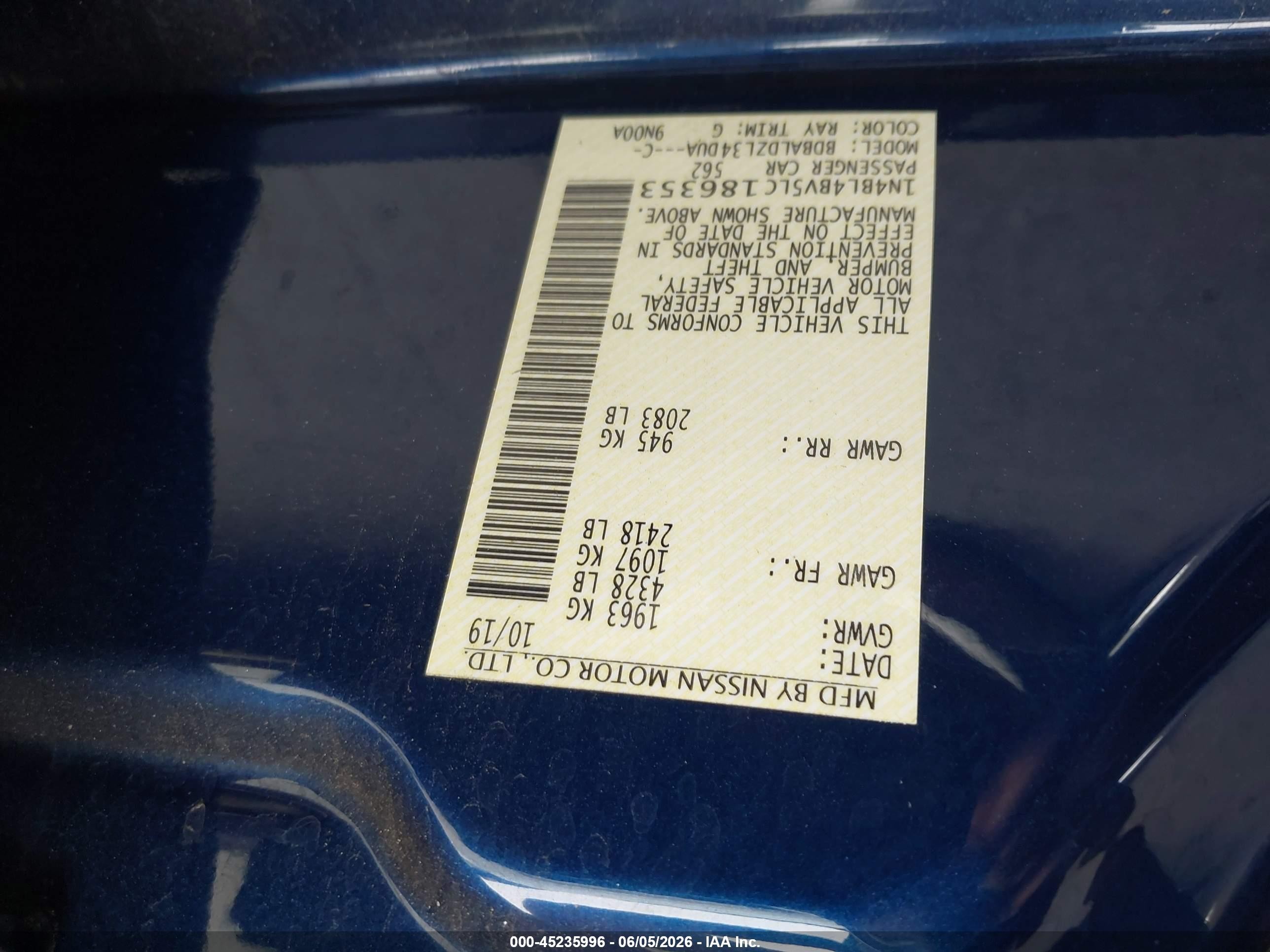 2020 Nissan Altima S Fwd Blue vin: 1N4BL4BV5LC186353