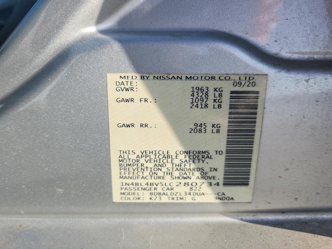2020 Nissan Altima S Серебряный vin: 1N4BL4BV5LC280734