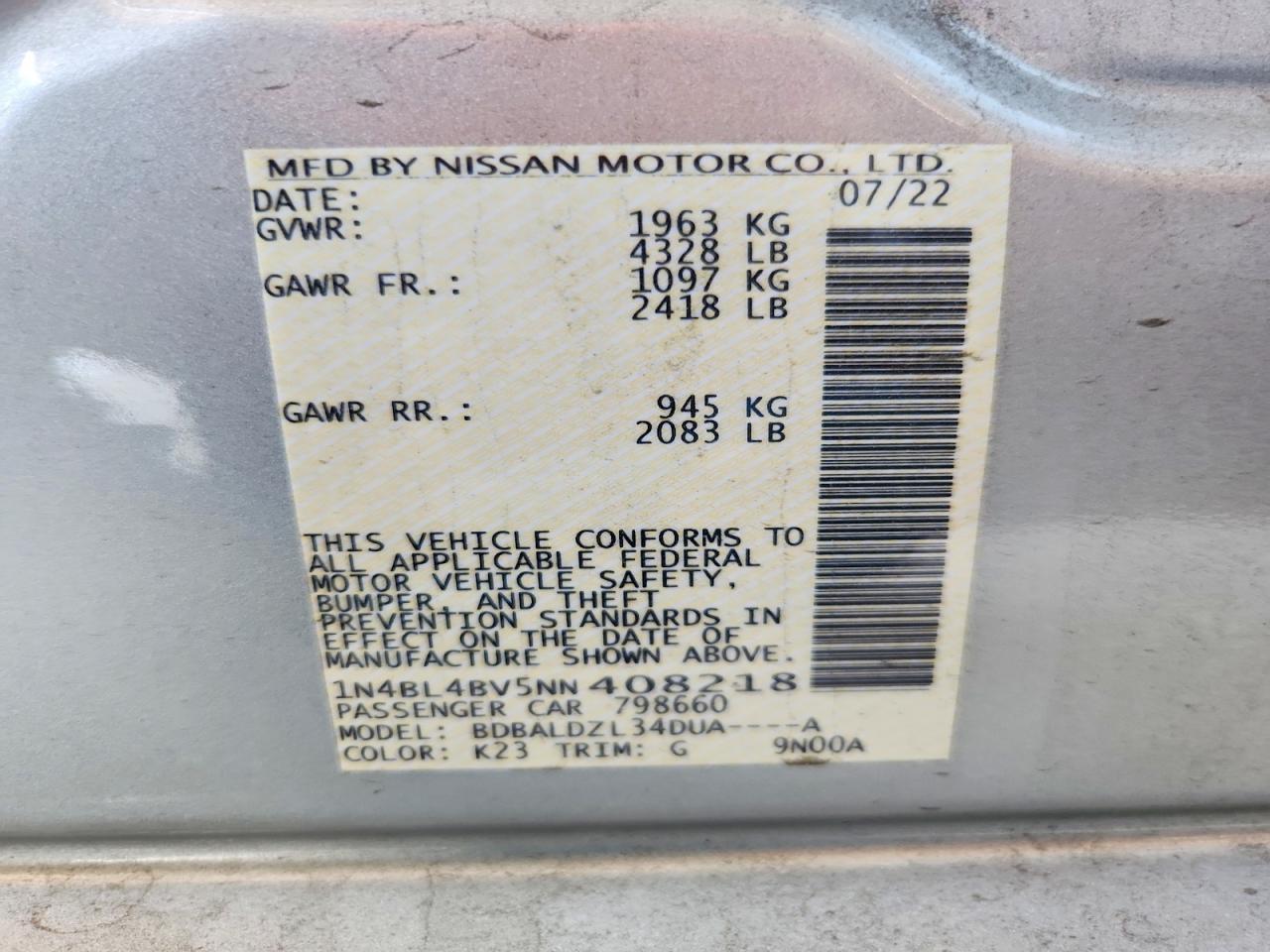 2022 Nissan Altima S Серебряный vin: 1N4BL4BV5NN408218