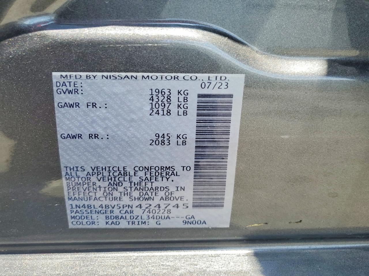 2023 Nissan Altima S Gray vin: 1N4BL4BV5PN424745