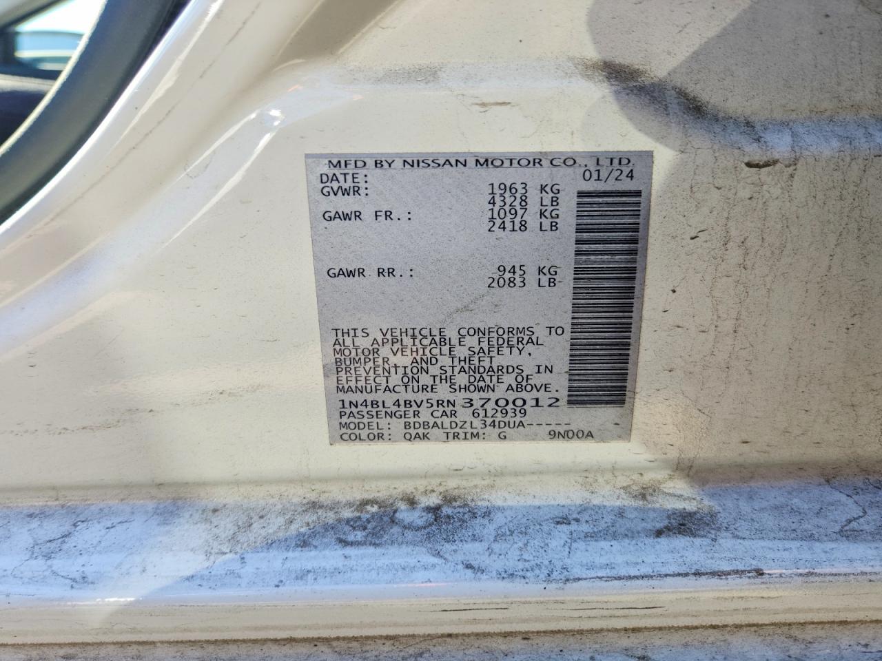 2024 Nissan Altima S White vin: 1N4BL4BV5RN370012