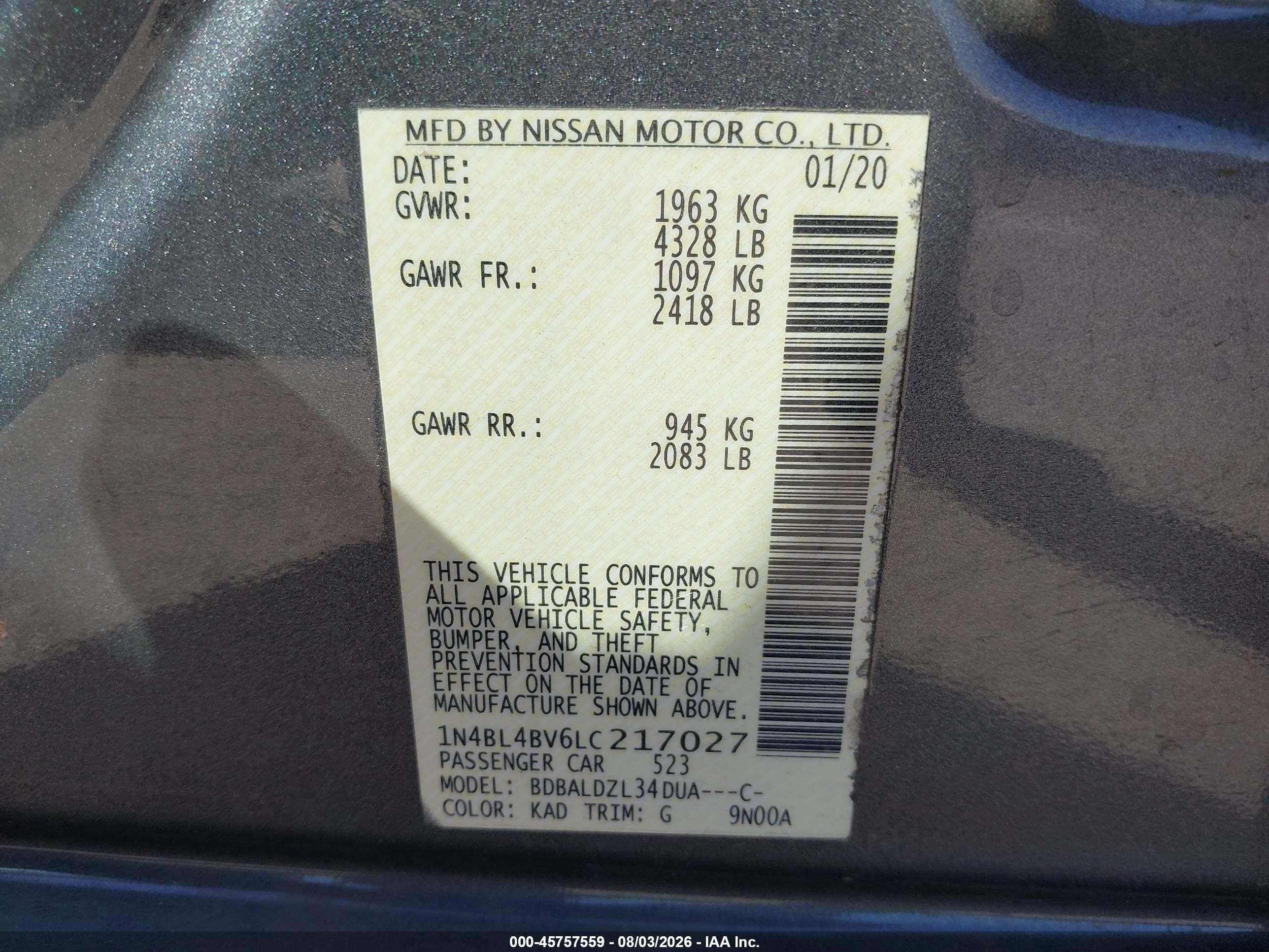 2020 Nissan Altima S Fwd Gray vin: 1N4BL4BV6LC217027