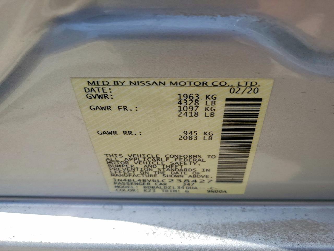2020 Nissan Altima S Silver vin: 1N4BL4BV6LC238427