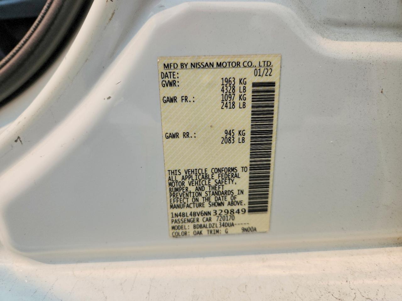 2022 Nissan Altima S White vin: 1N4BL4BV6NN329849