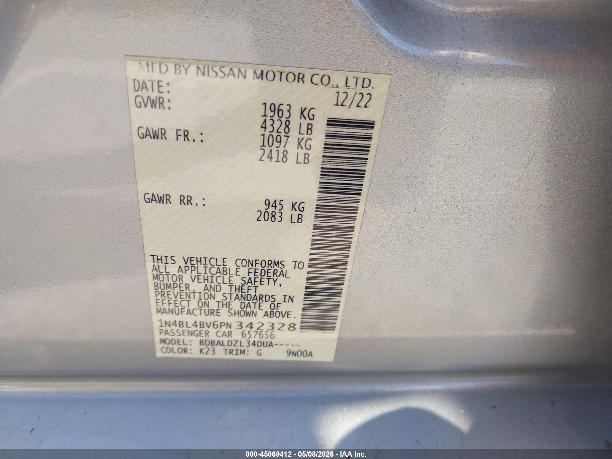 2023 Nissan Altima S Fwd Silver vin: 1N4BL4BV6PN342328