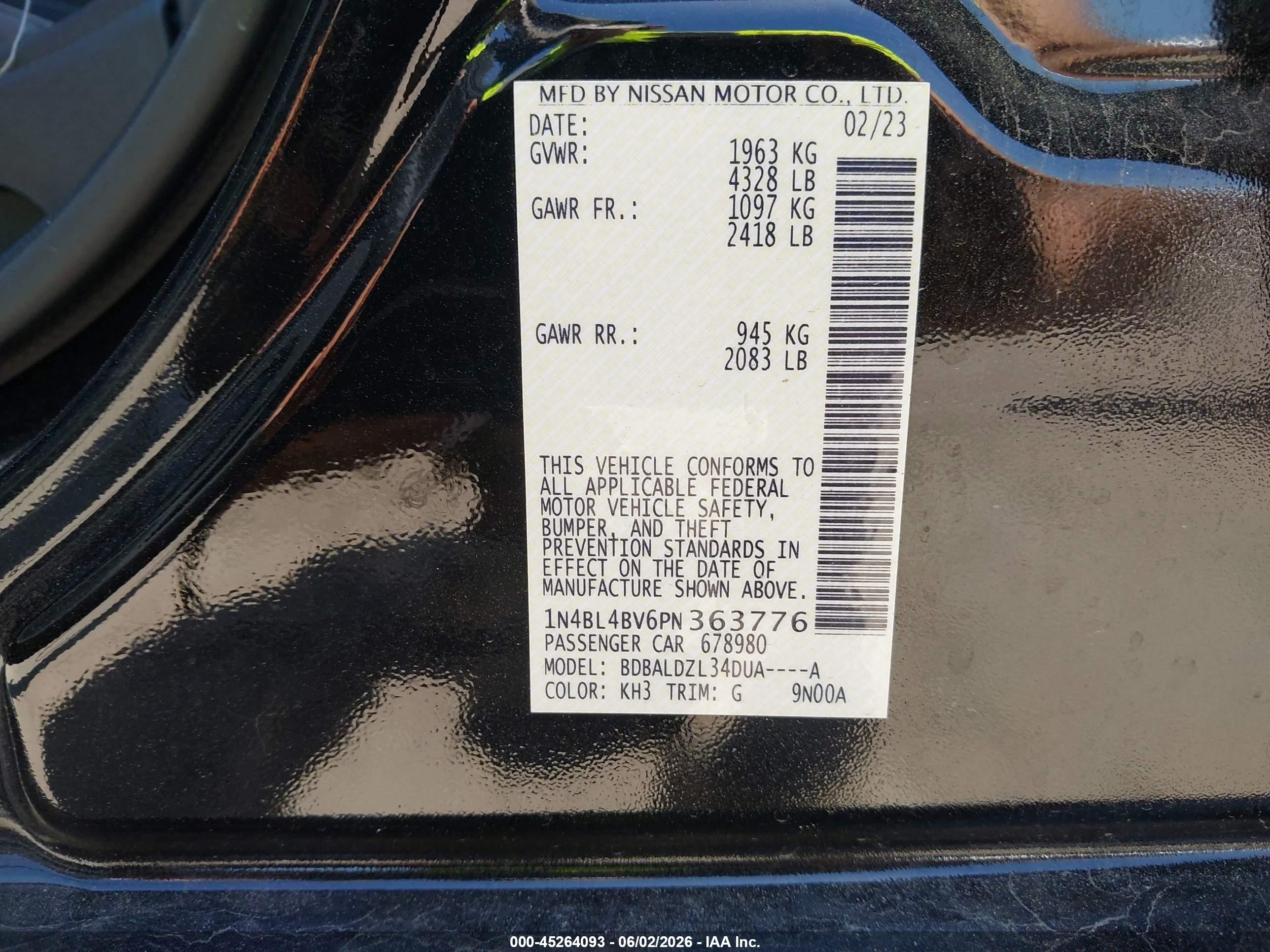 2023 Nissan Altima S Fwd Black vin: 1N4BL4BV6PN363776