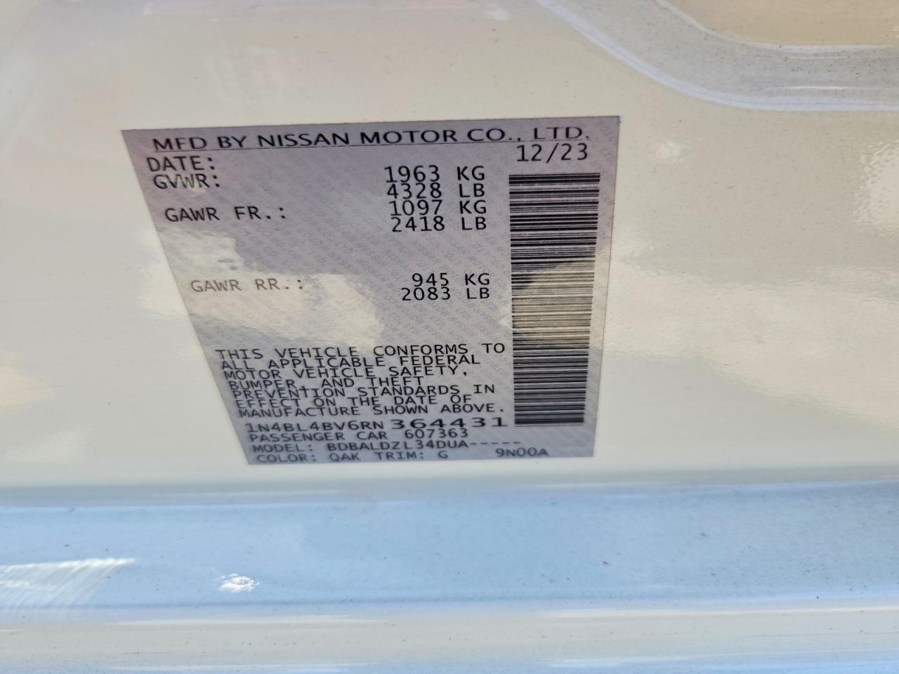 2024 Nissan Altima S White vin: 1N4BL4BV6RN364431