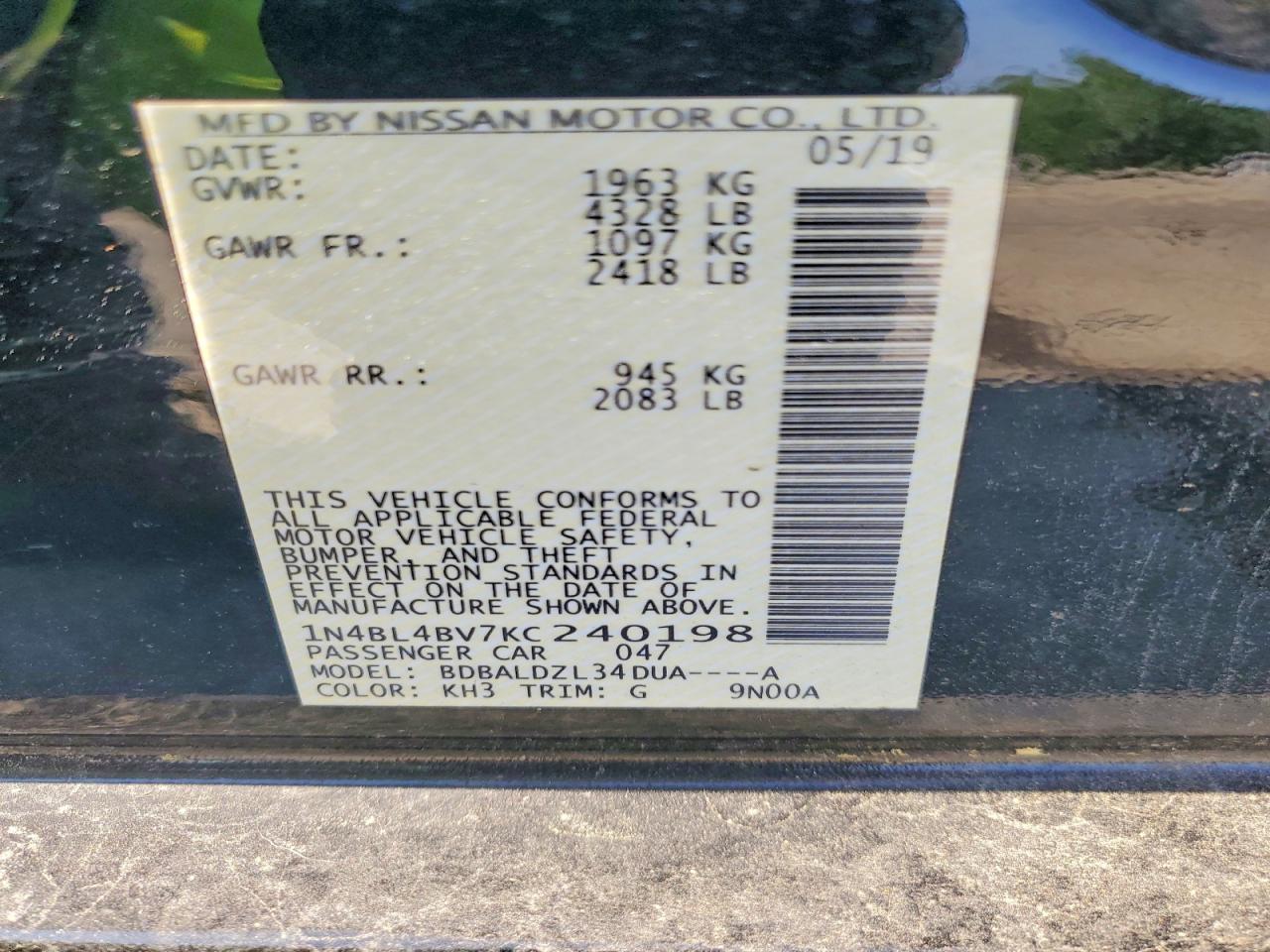 2019 Nissan Altima S Black vin: 1N4BL4BV7KC240198