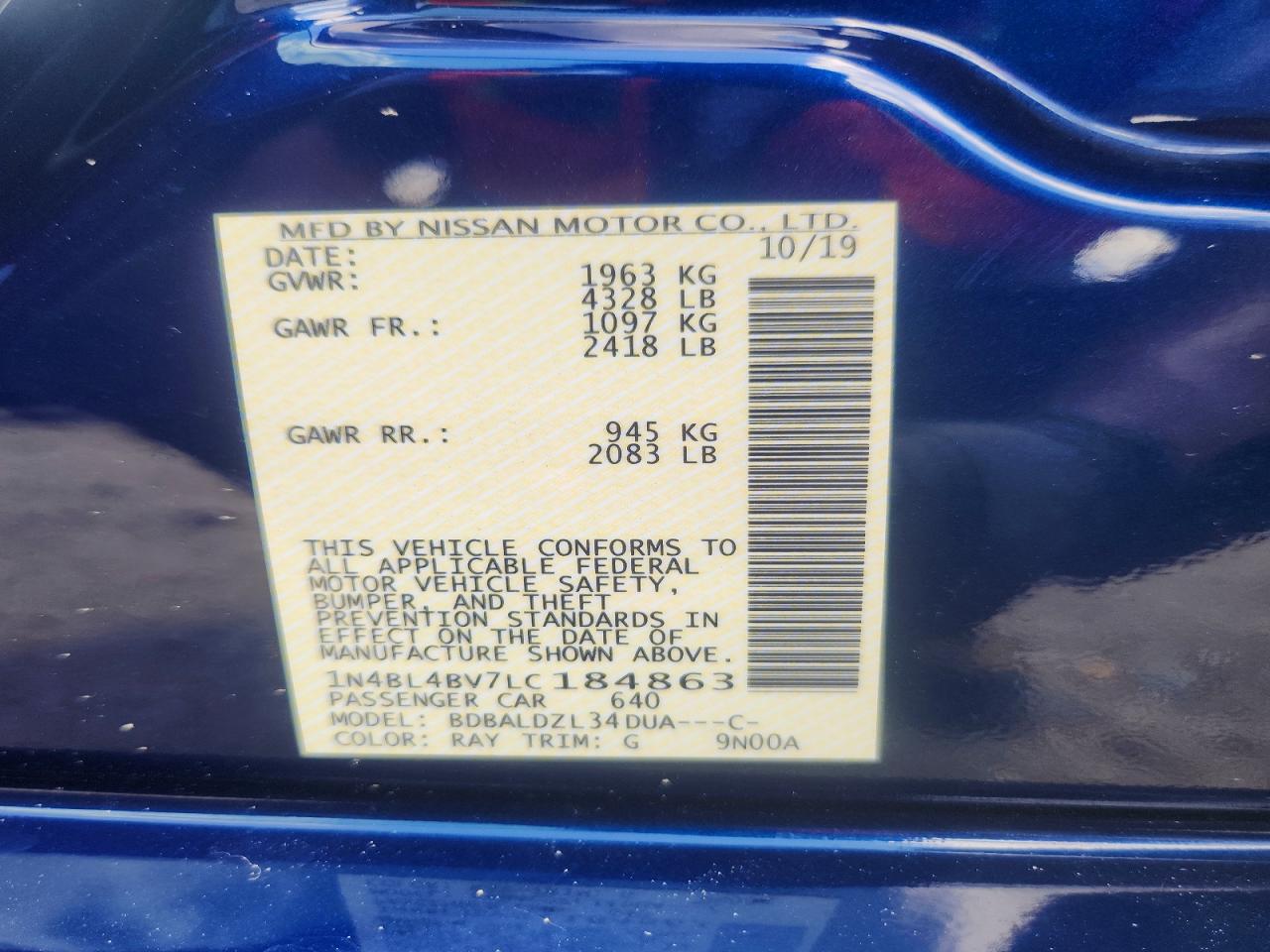 2020 Nissan Altima S Blue vin: 1N4BL4BV7LC184863