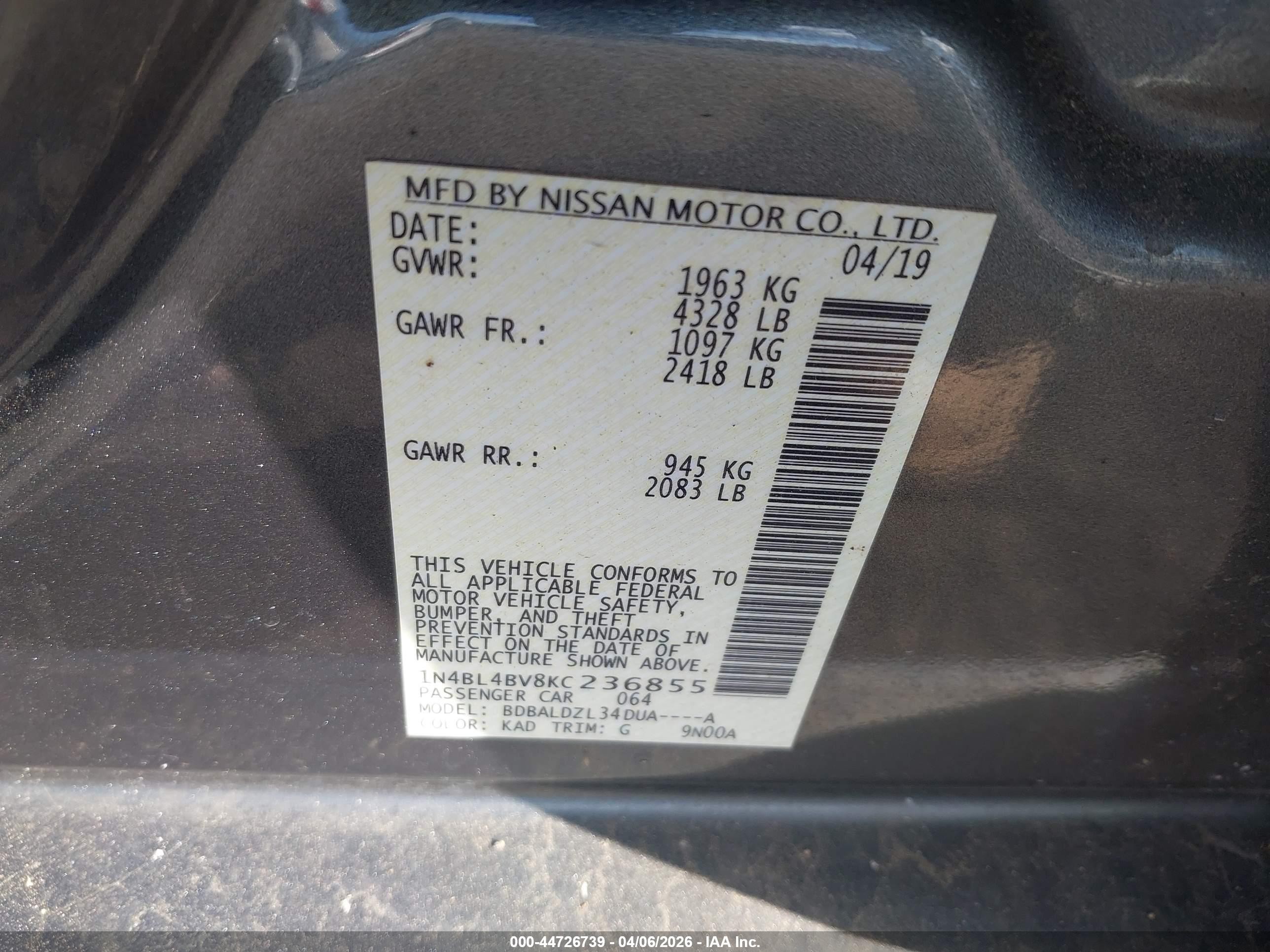 2019 Nissan Altima 2.5 S Серый vin: 1N4BL4BV8KC236855