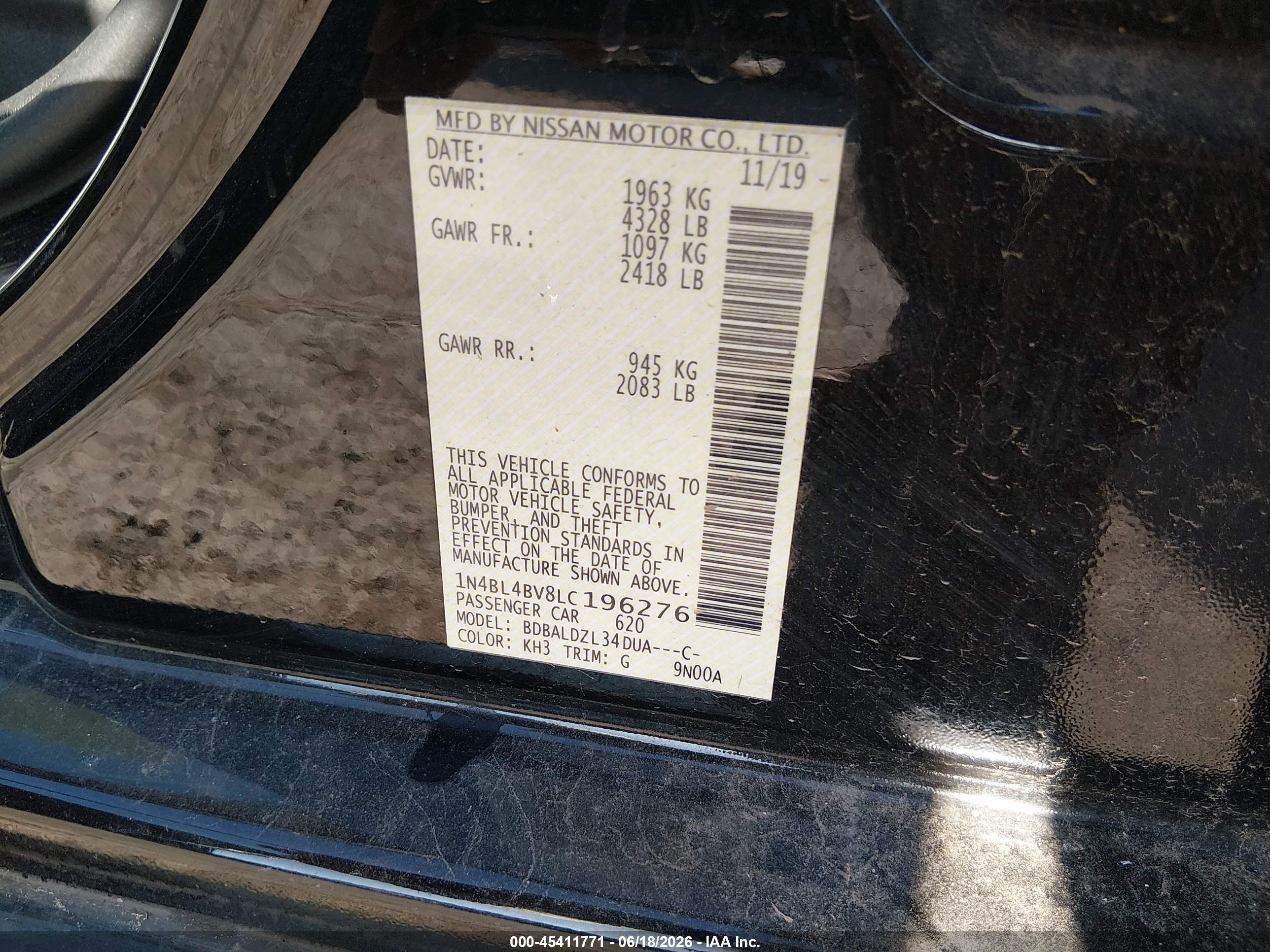 2020 Nissan Altima S Fwd Black vin: 1N4BL4BV8LC196276