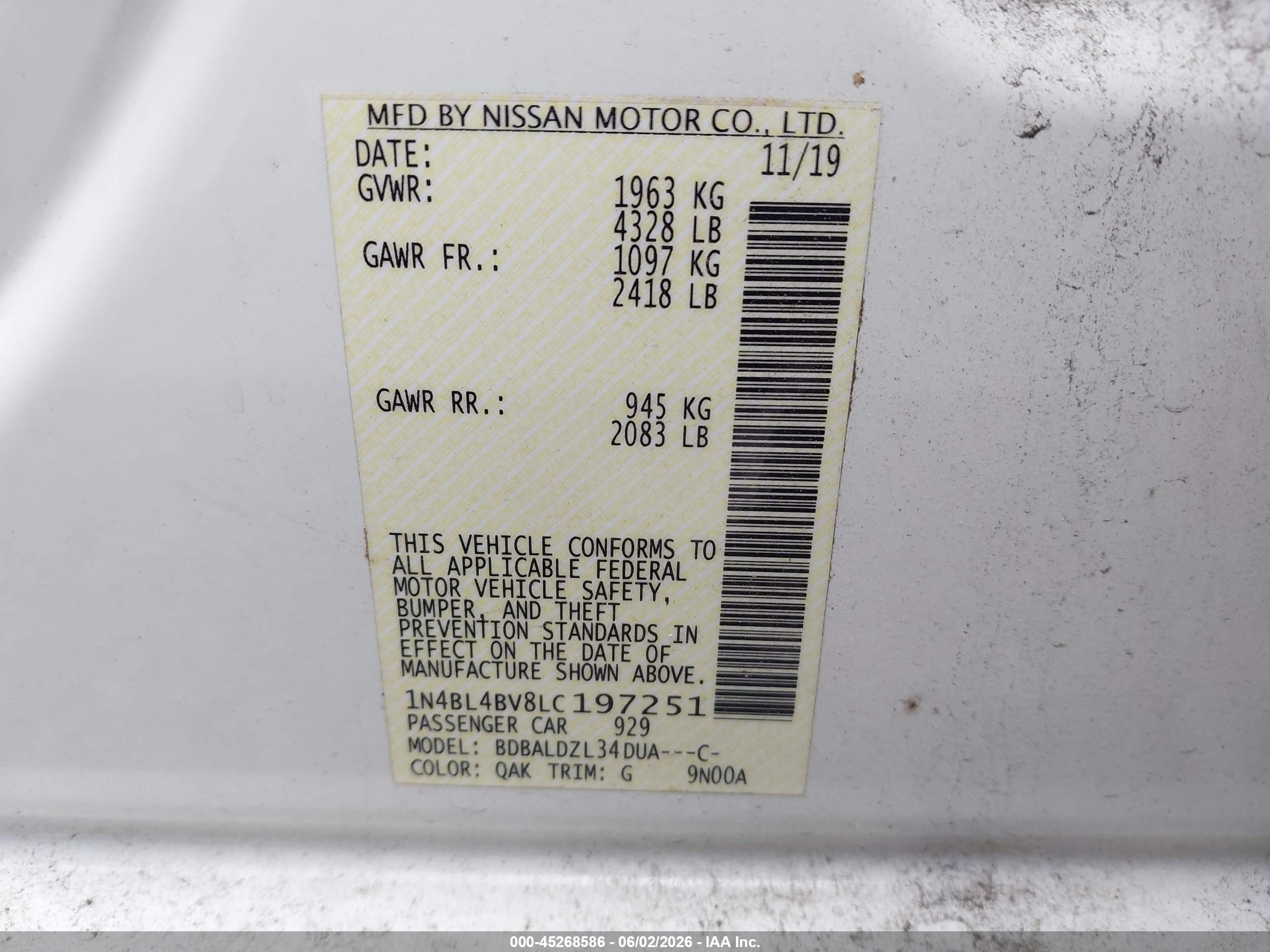 2020 Nissan Altima S Fwd White vin: 1N4BL4BV8LC197251