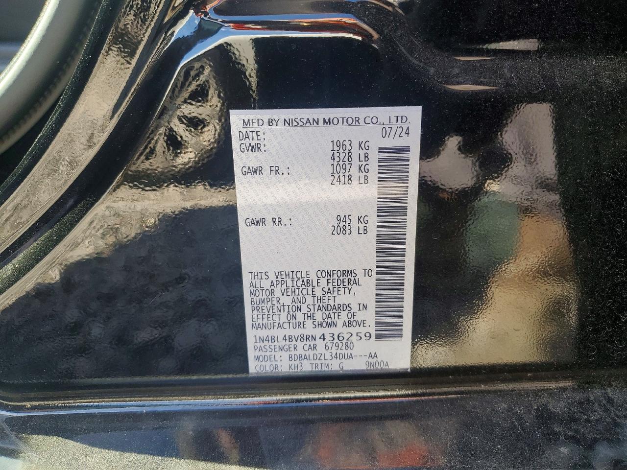 2024 Nissan Altima S Черный vin: 1N4BL4BV8RN436259