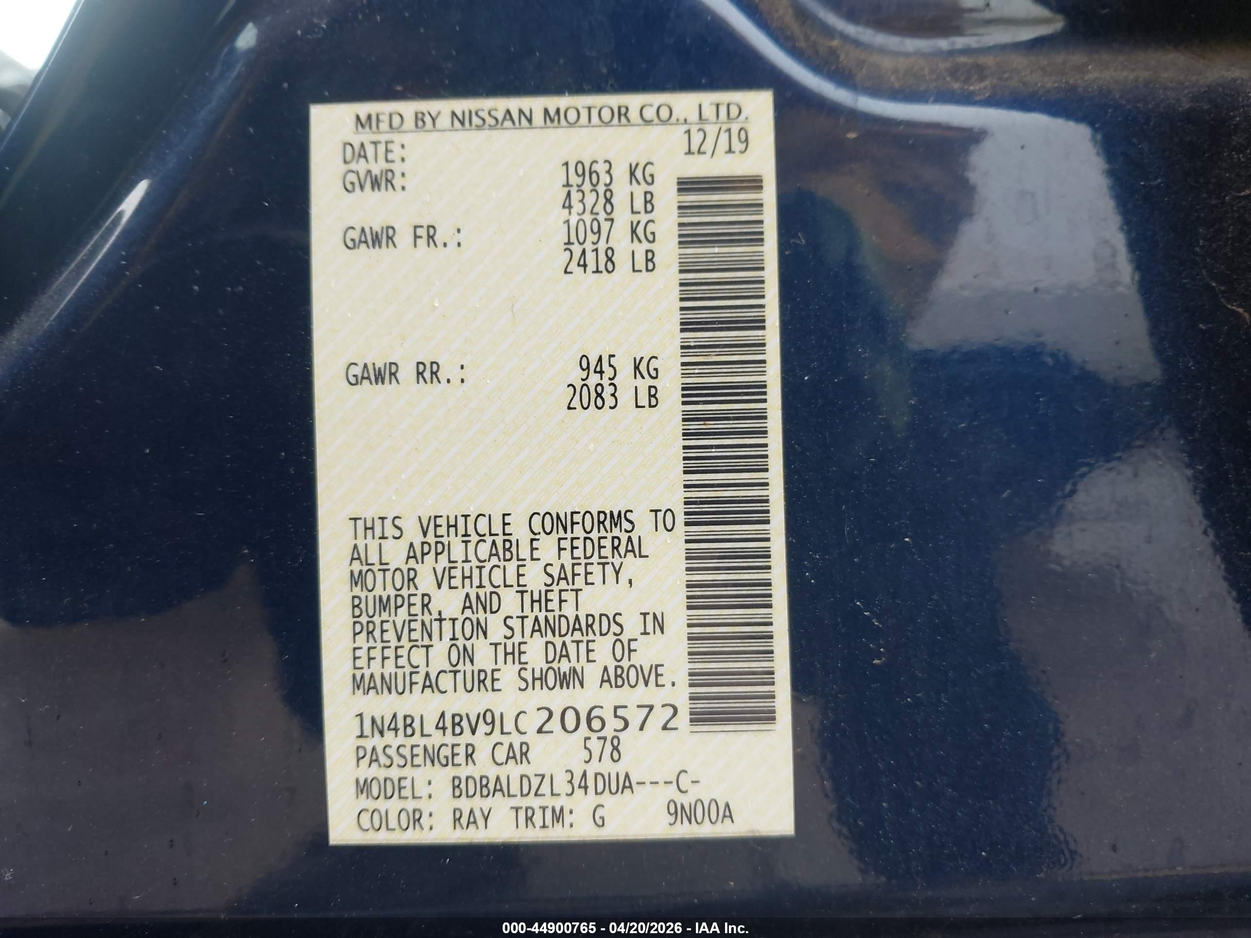 2020 Nissan Altima S Fwd Синий vin: 1N4BL4BV9LC206572