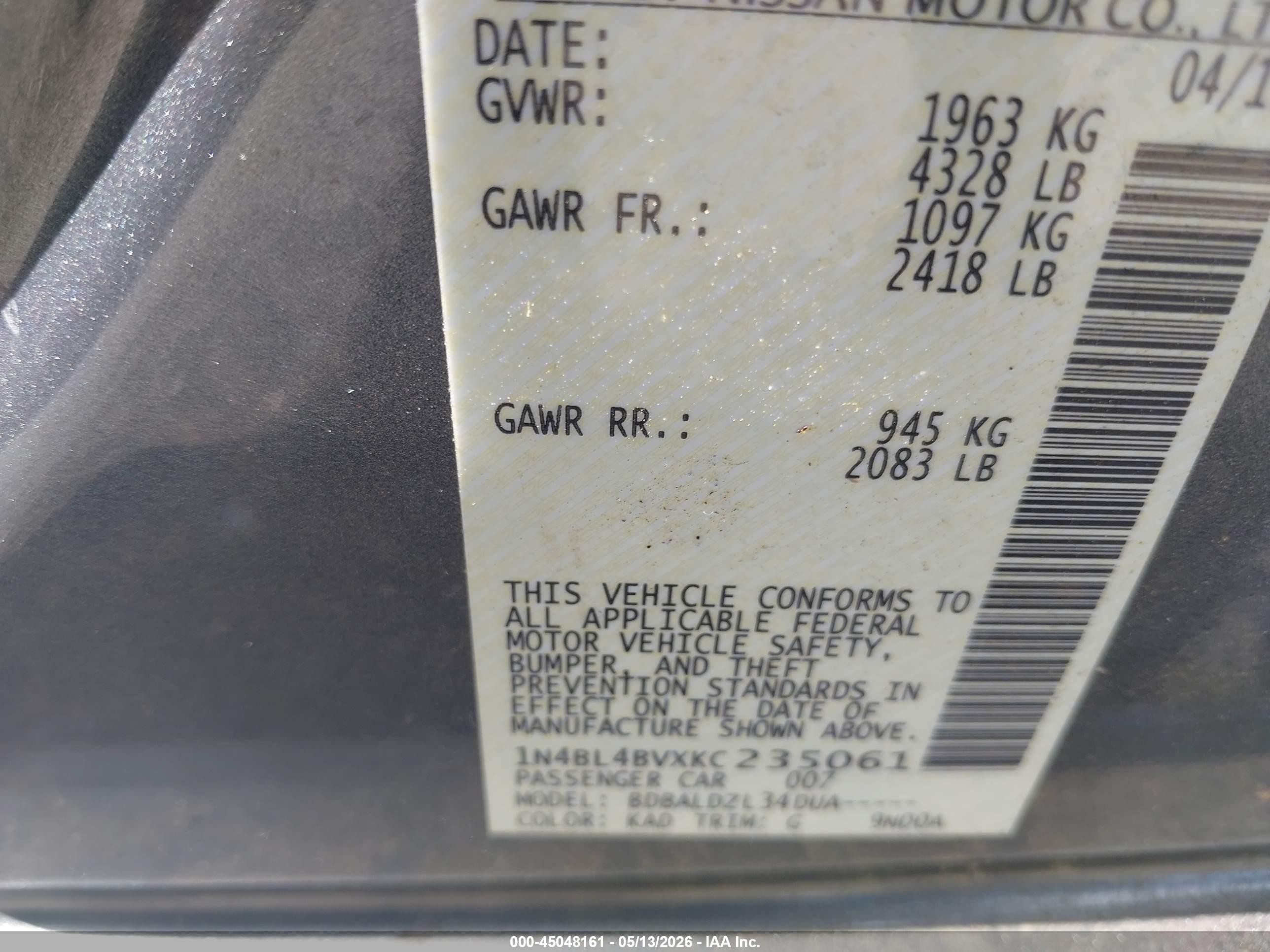 2019 Nissan Altima 2.5 S Gray vin: 1N4BL4BVXKC235061