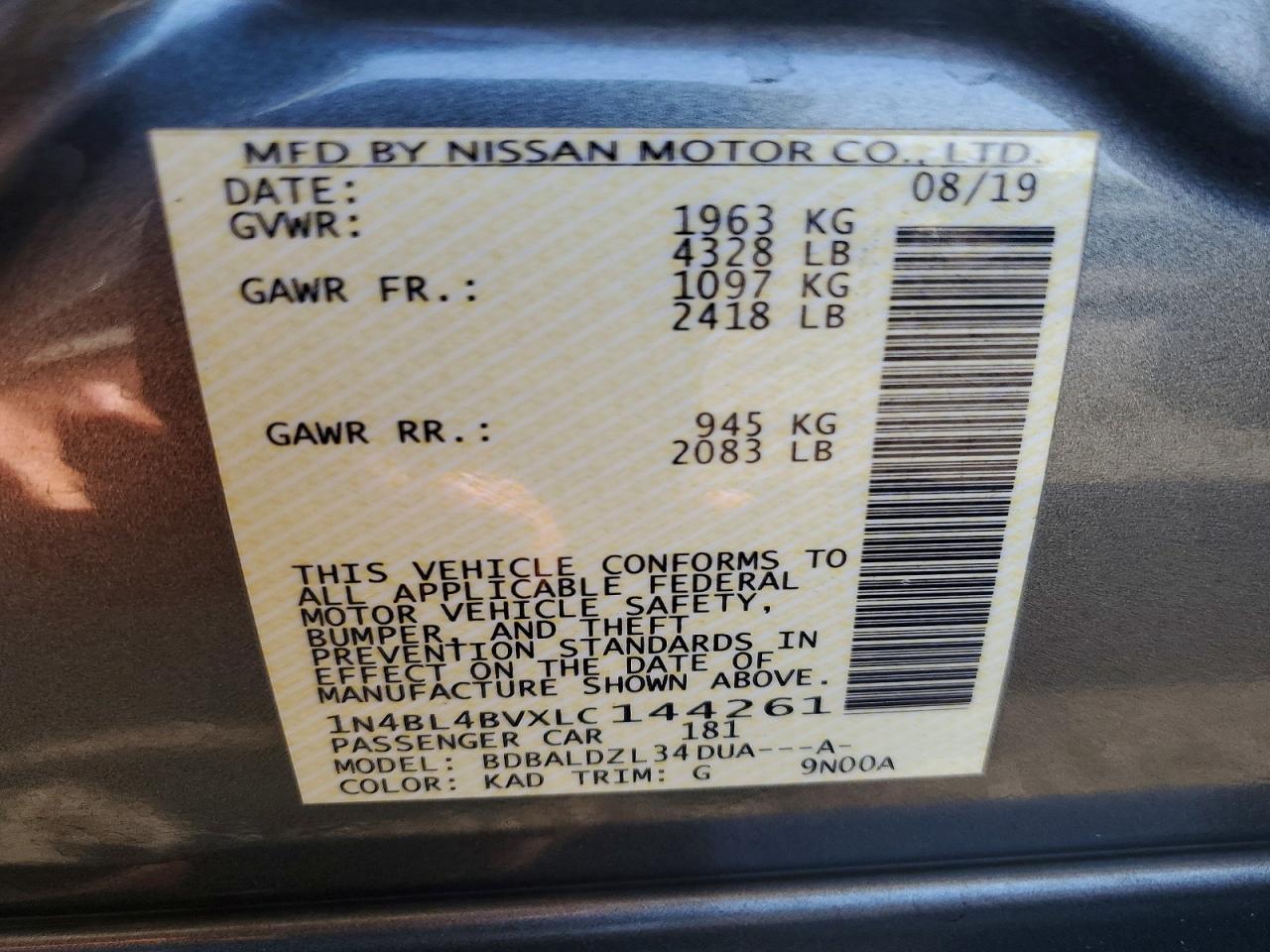 2020 Nissan Altima S Серый vin: 1N4BL4BVXLC144261