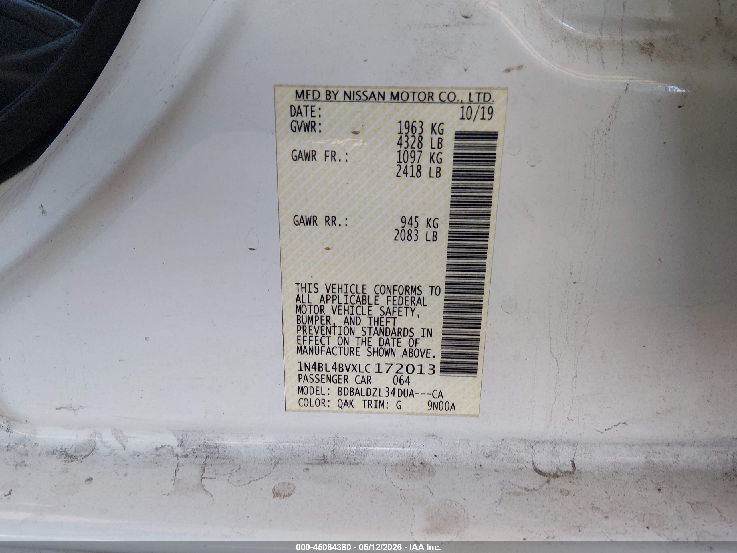 2020 Nissan Altima S Fwd White vin: 1N4BL4BVXLC172013
