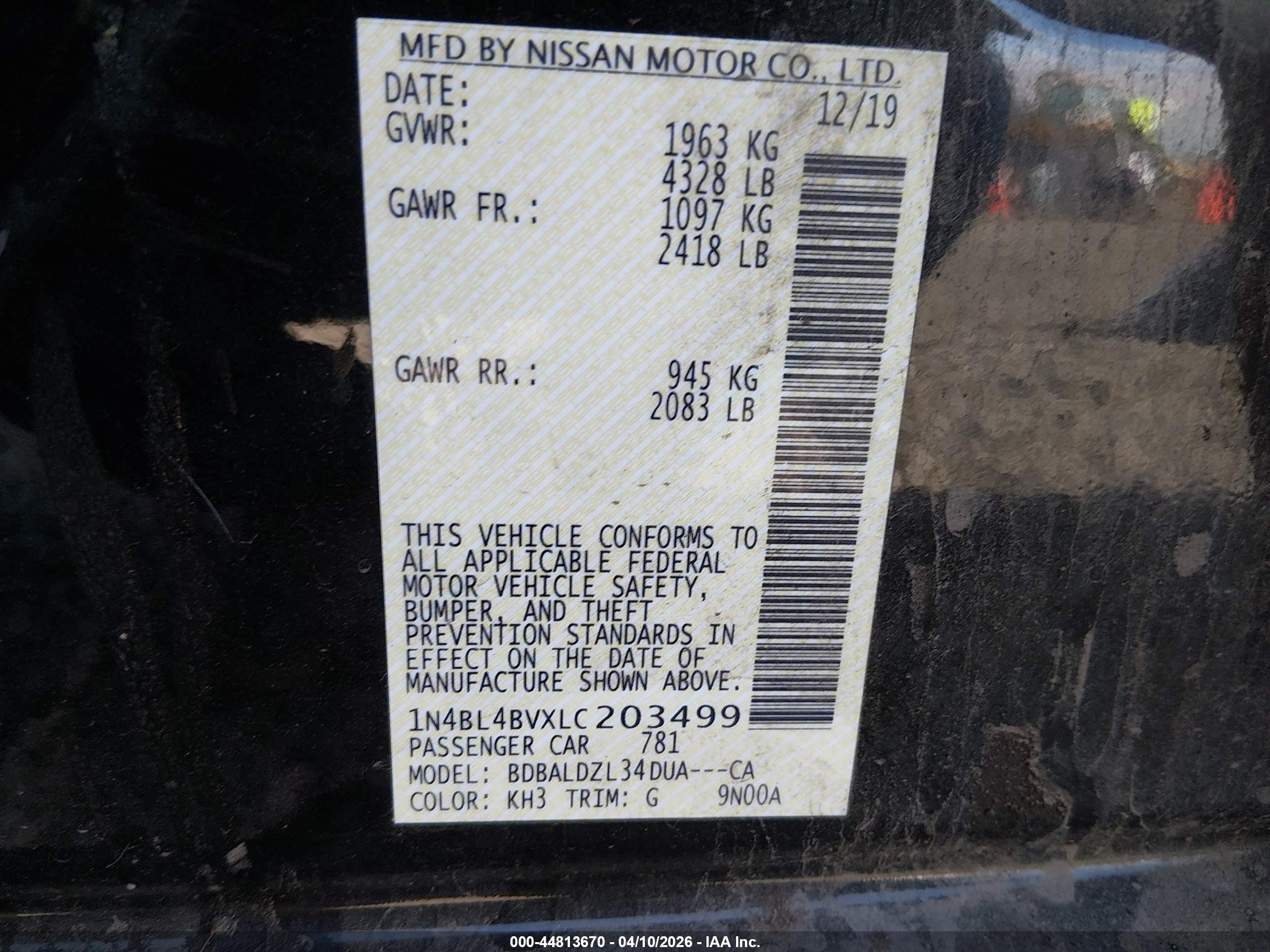 2020 Nissan Altima S Fwd Черный vin: 1N4BL4BVXLC203499