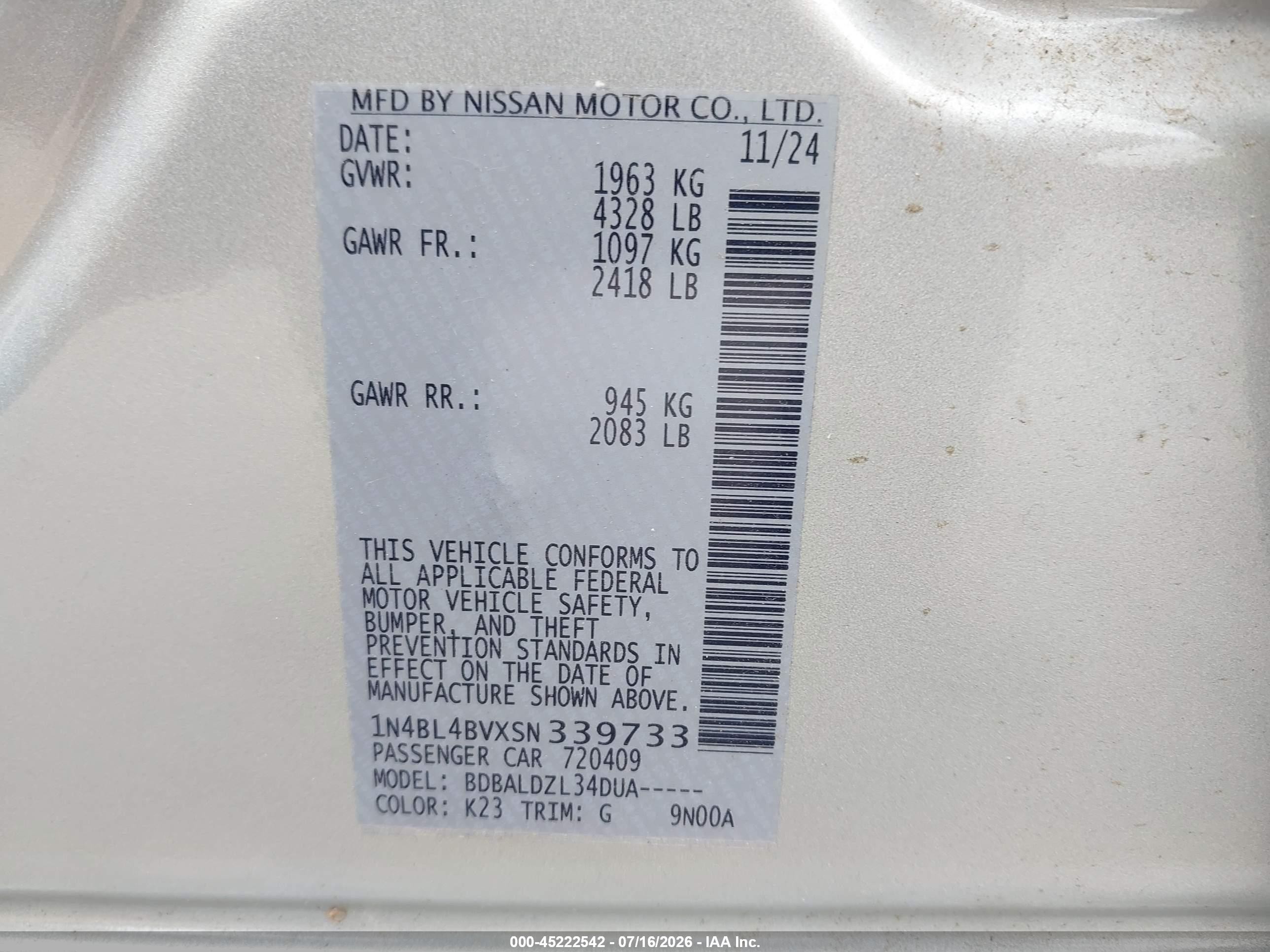 2025 Nissan Altima S Fwd Silver vin: 1N4BL4BVXSN339733