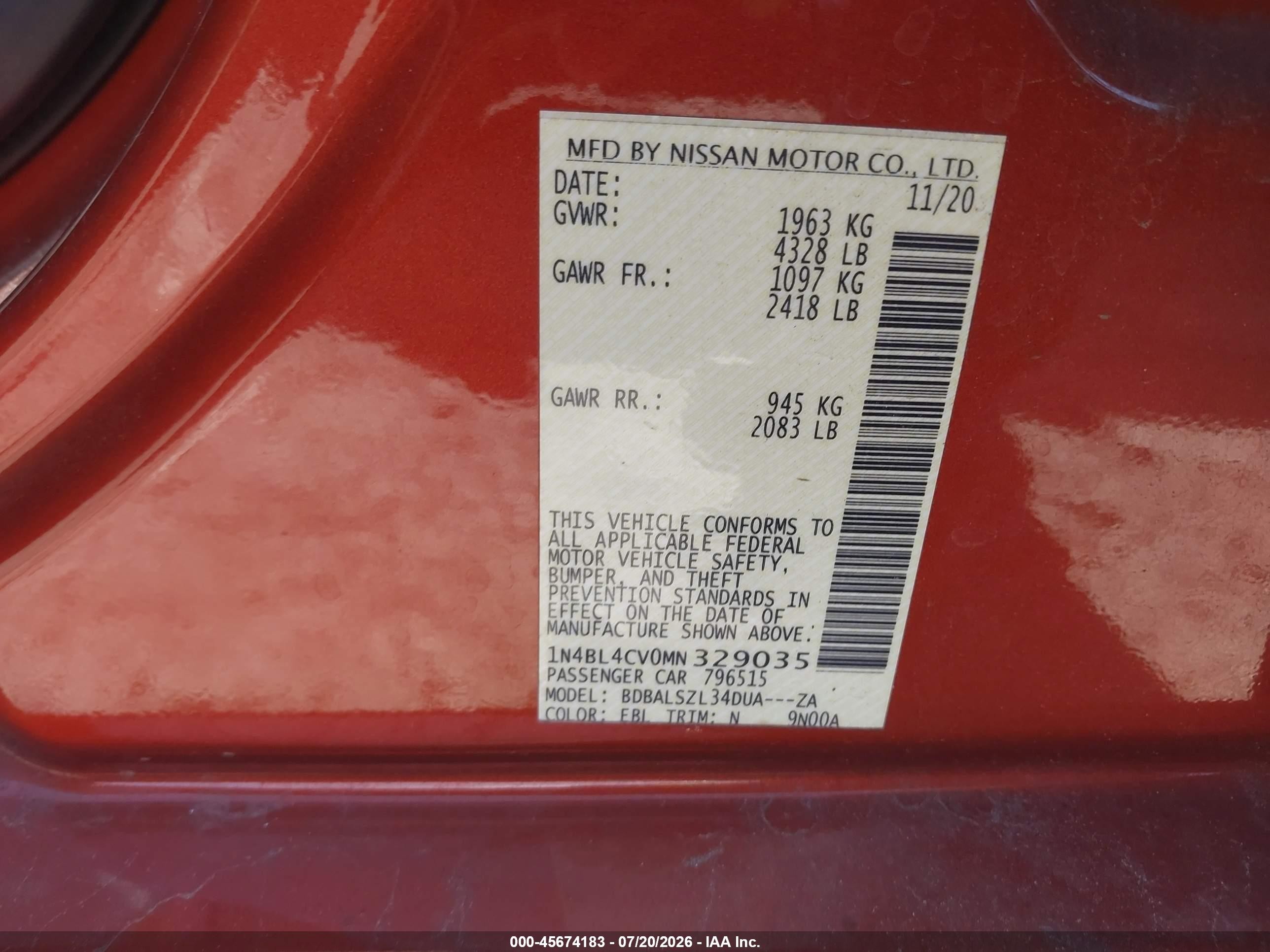 2021 Nissan Altima Sr Fwd Orange vin: 1N4BL4CV0MN329035
