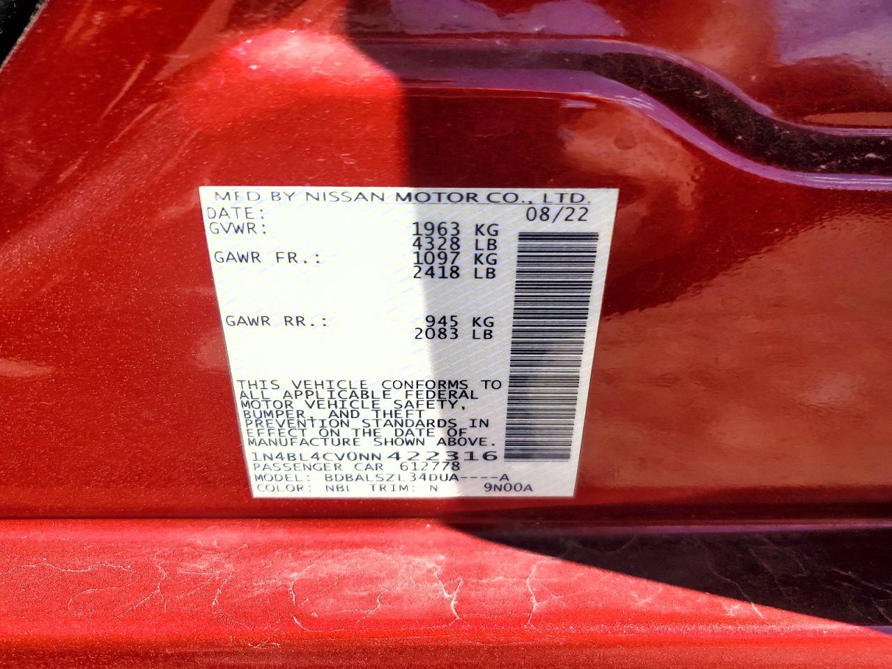 2022 Nissan Altima Sr Burgundy vin: 1N4BL4CV0NN422316