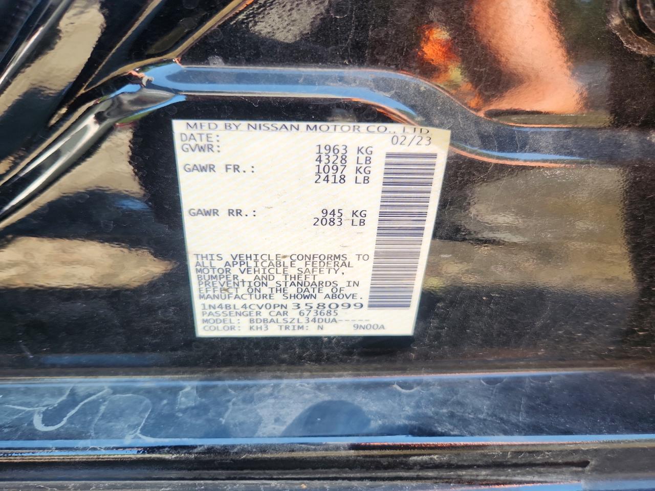 2023 Nissan Altima Sr Black vin: 1N4BL4CV0PN358099