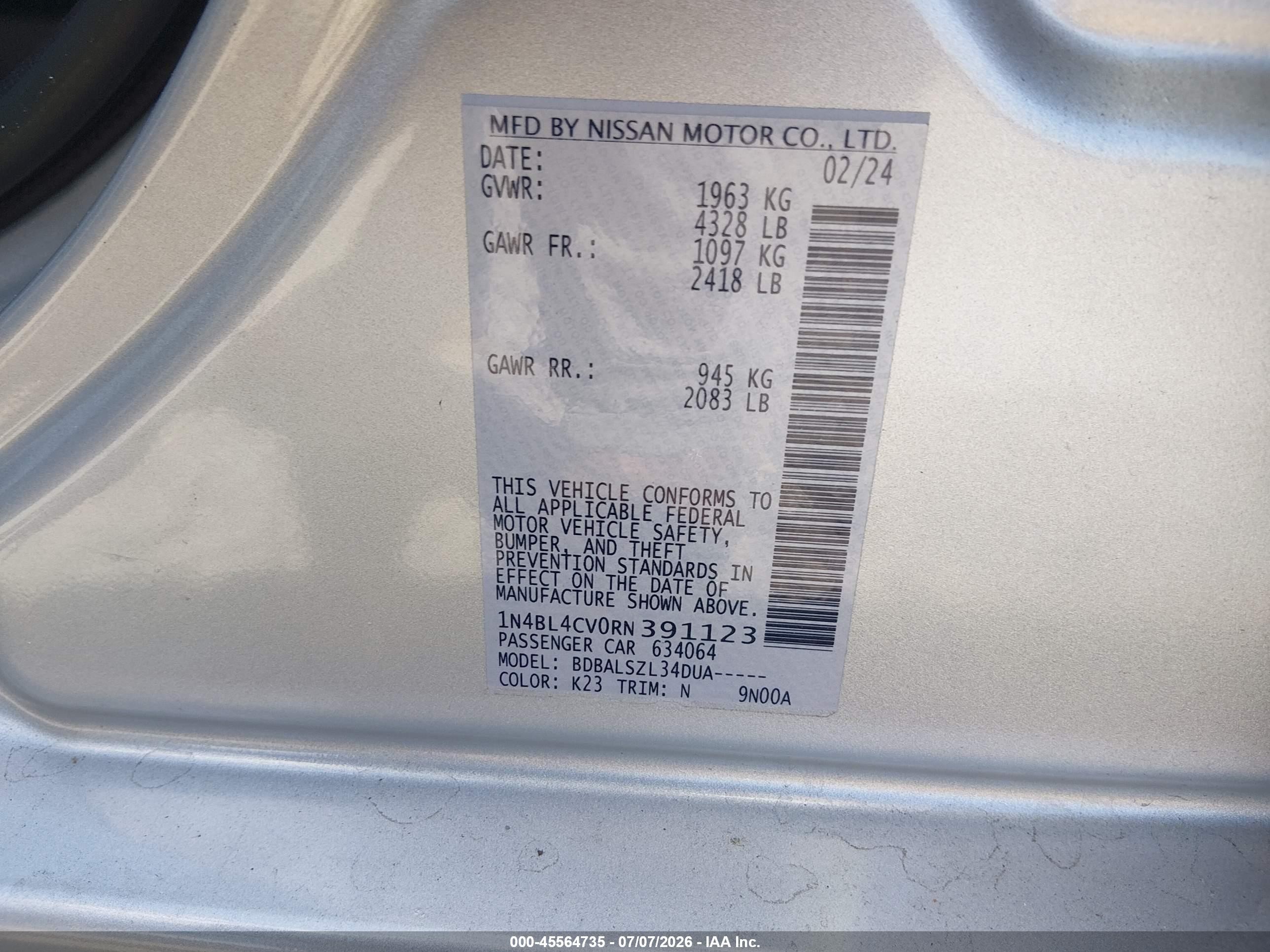 2024 Nissan Altima Sr Fwd Silver vin: 1N4BL4CV0RN391123